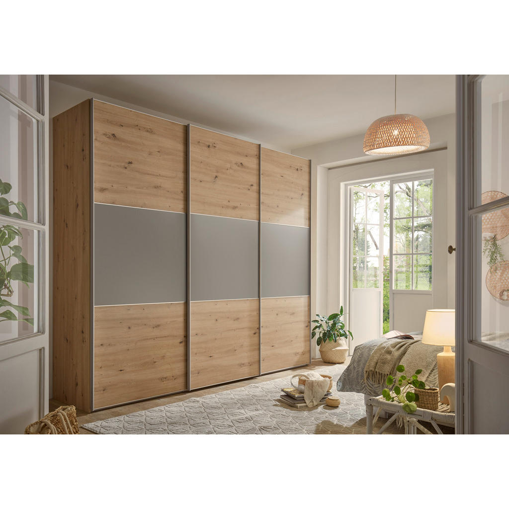Thumbnail - Moderano Schwebetürenschrank, Hellgrau, Eiche Artisan, Holzwerkstoff, 6 Fächer, 2 Schubladen, 249x222x68 cm, Goldenes M,...