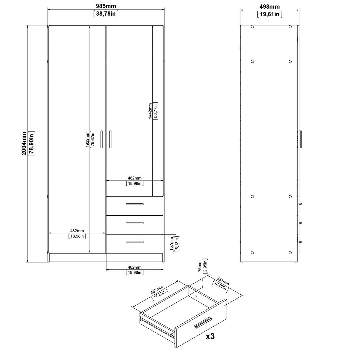KLEIDERSCHRANK in Eichefarben  - Eichefarben/Schwarz, Basics, Holzwerkstoff/Metall (98,5/200,4/49,8cm) - MID.YOU