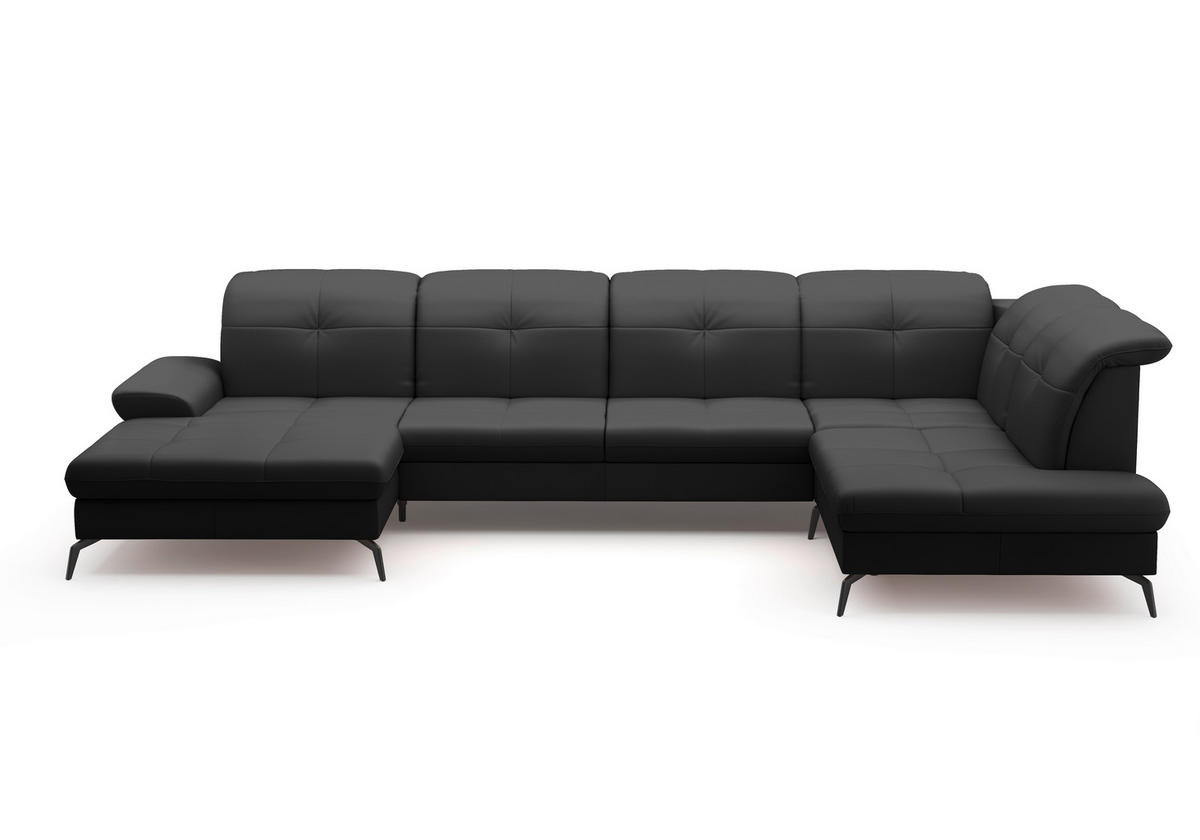 WOHNLANDSCHAFT Schwarz Kombination Echtleder/Stoff Vliesstoff  - Schwarz, KONVENTIONELL, Leder/Textil (185/357/231cm) - Sit & More
