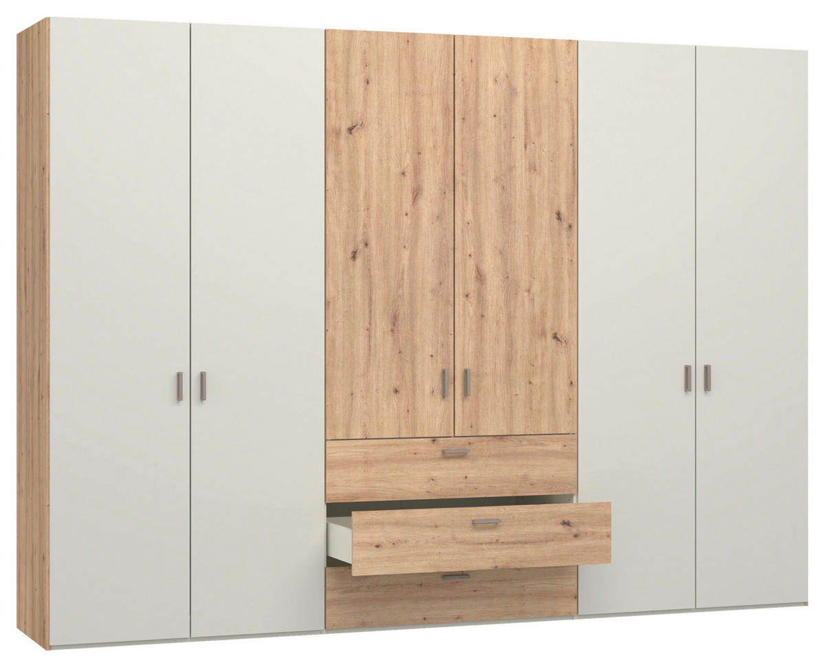 KLEIDERSCHRANK 303/220/59 cm,  in Creme, Weiß, Eiche Artisan, 6-türig  - Hellbraun/Creme, Design, Holzwerkstoff/Metall (303/220/59cm) - Jutzler