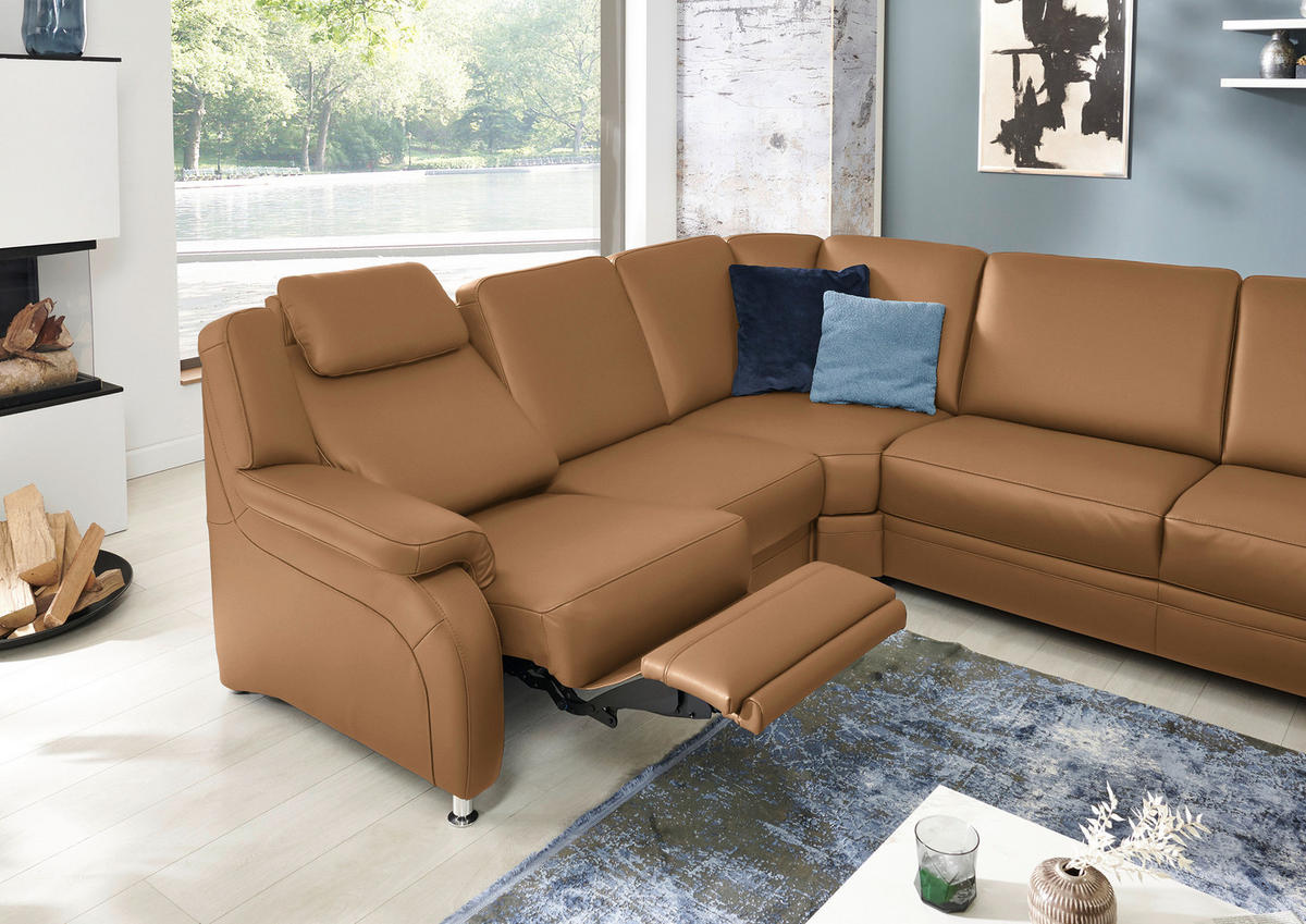 WOHNLANDSCHAFT Echtleder Hellbraun  - Hellbraun/Alufarben, Konventionell, Leder/Metall (239/329/165cm) - Beldomo Premium