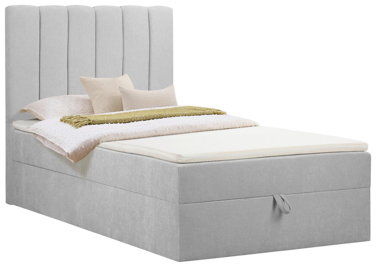 BOXBETT 100/200 cm,  in Hellgrau, Matratze, gepolstertes Kopfteil, Bettkasten, Topper, H3 = fest  - Hellgrau/Schwarz, Basics, Kunststoff/Textil (100/200cm) - Chameo