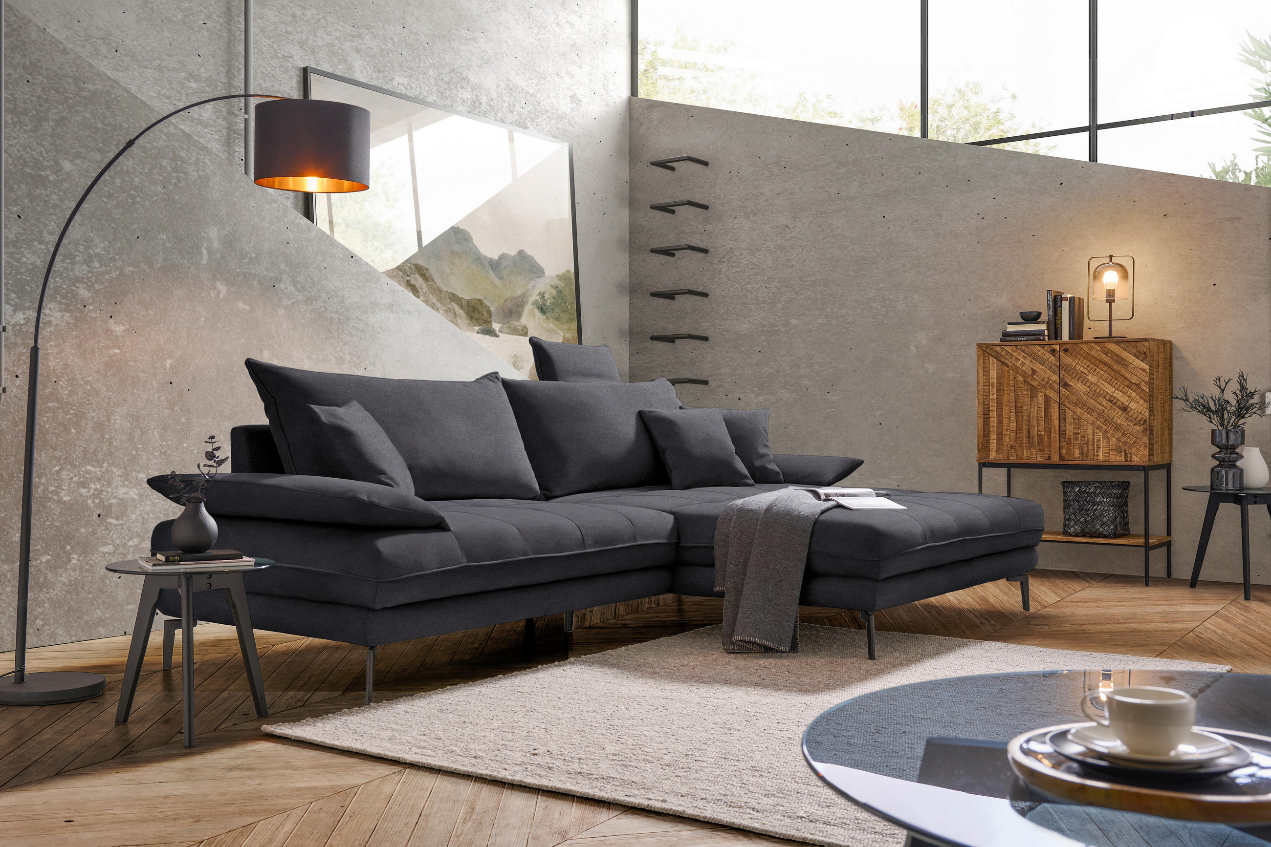 ECKSOFA in Flachgewebe Anthrazit  292/176 cm  - Anthrazit/Schwarz, MODERN, Textil/Metall (292/176cm) - Carryhome