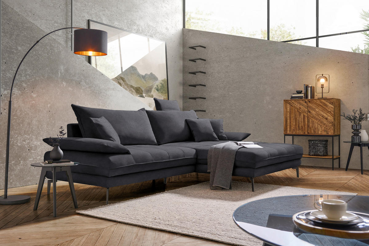 ECKSOFA in Flachgewebe Anthrazit  292/176 cm  - Anthrazit/Schwarz, MODERN, Textil/Metall (292/176cm) - Carryhome