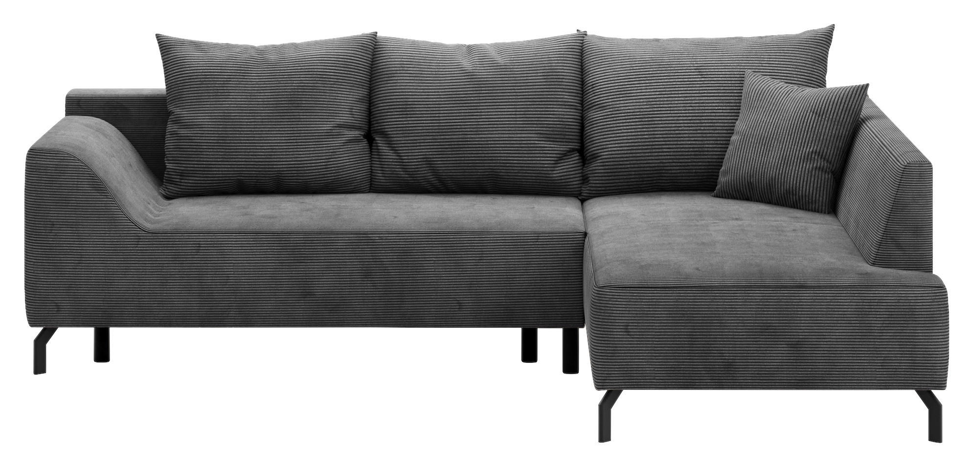 ECKSCHLAFSOFA  mit Bettkasten erhältlich, seitenverkehrt erhältlich, Schlafen auf Sitzhöhe, Bettfunktion erhältlich, Rücken echt Cord Silberfarben  - Silberfarben/Schwarz, Design, Textil/Metall (273/167cm) - MID.YOU