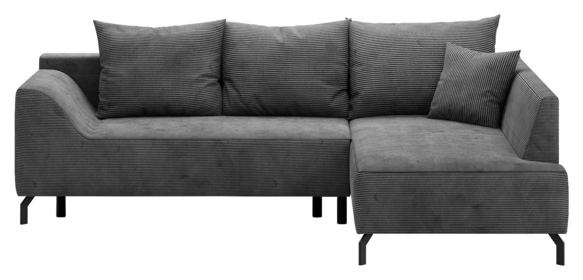 ECKSCHLAFSOFA  mit Bettkasten erhältlich, seitenverkehrt erhältlich, Schlafen auf Sitzhöhe, Bettfunktion erhältlich, Rücken echt Cord Silberfarben  - Silberfarben/Schwarz, Design, Textil/Metall (273/167cm) - MID.YOU