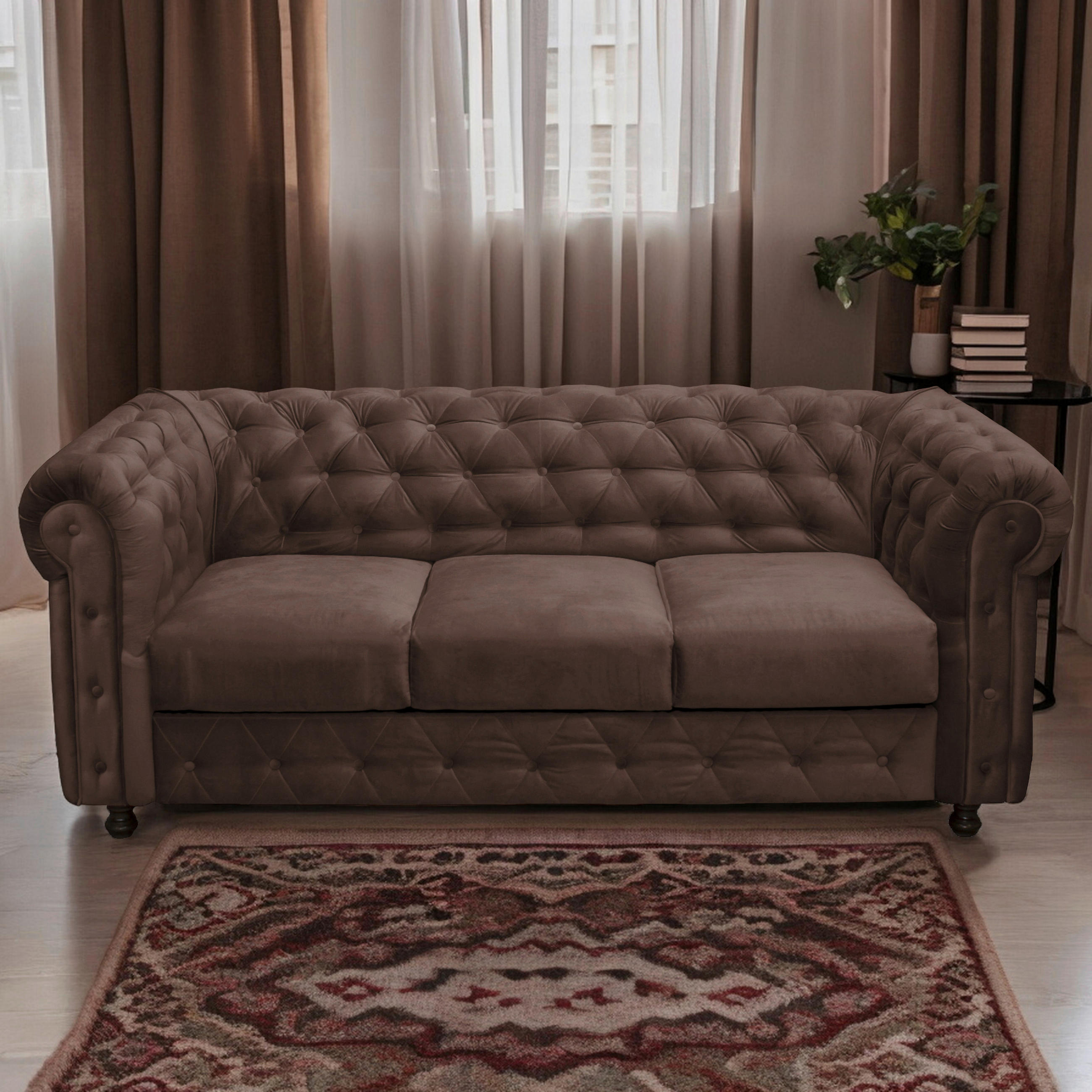 CHESTERFIELD-SOFA in Samt Braun  - Wengefarben/Braun, Basics, Holz/Textil (205/80/90cm) - P & B