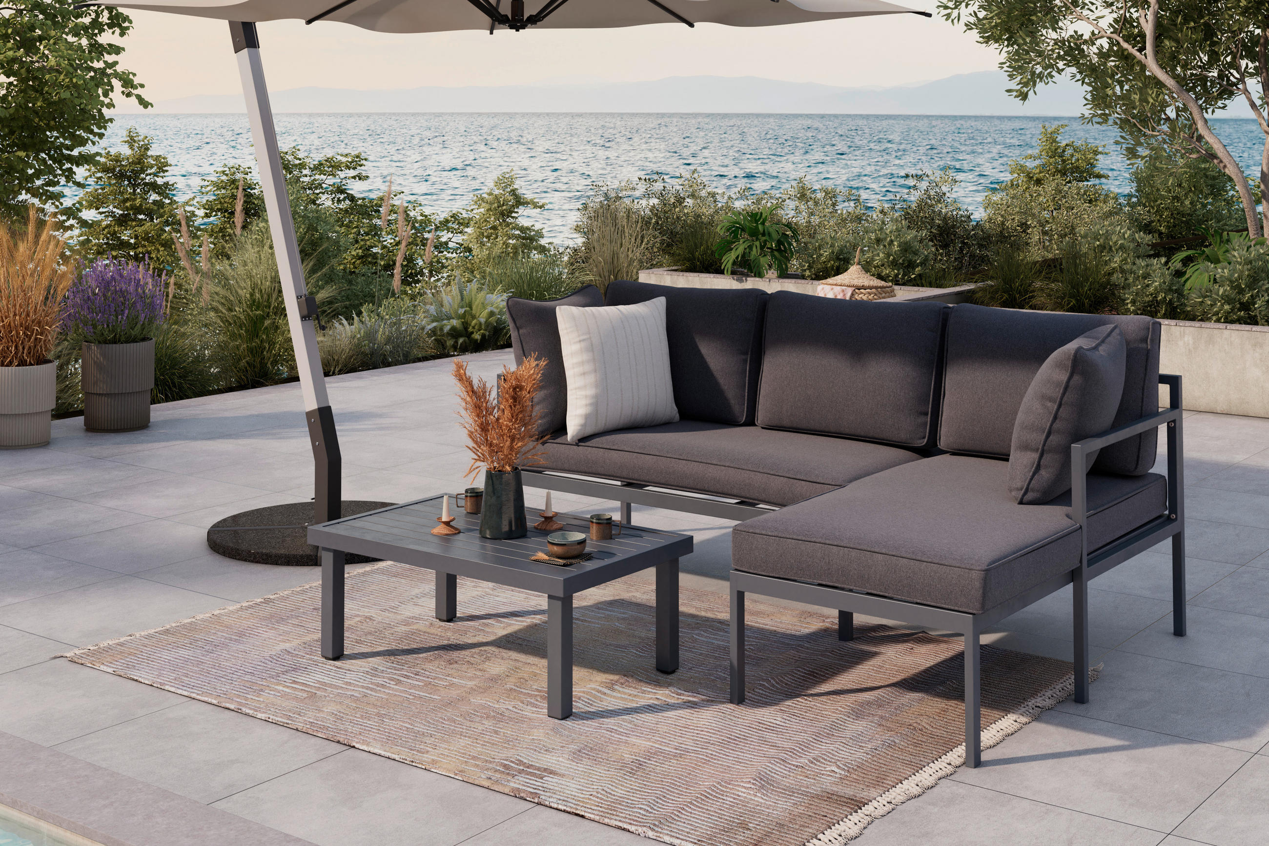 LOUNGEGARNITUR 3-teilig   117/66/62 cm Eisen  - Dunkelgrau, MODERN, Textil/Metall (117/66/62cm) - Ambia Garden