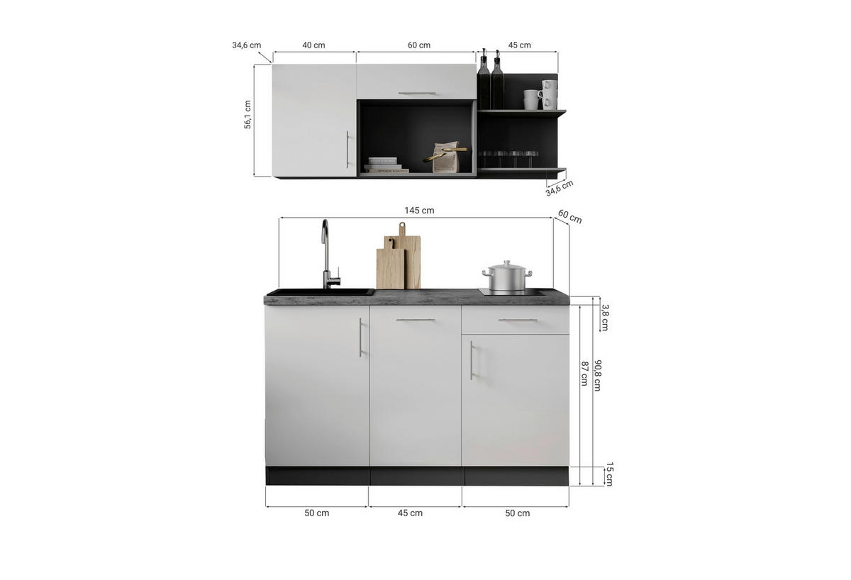 MINIKÖK 145 cm   i svart  - grå/svart, Trend, metall/trämaterial (145cm) - Respekta
