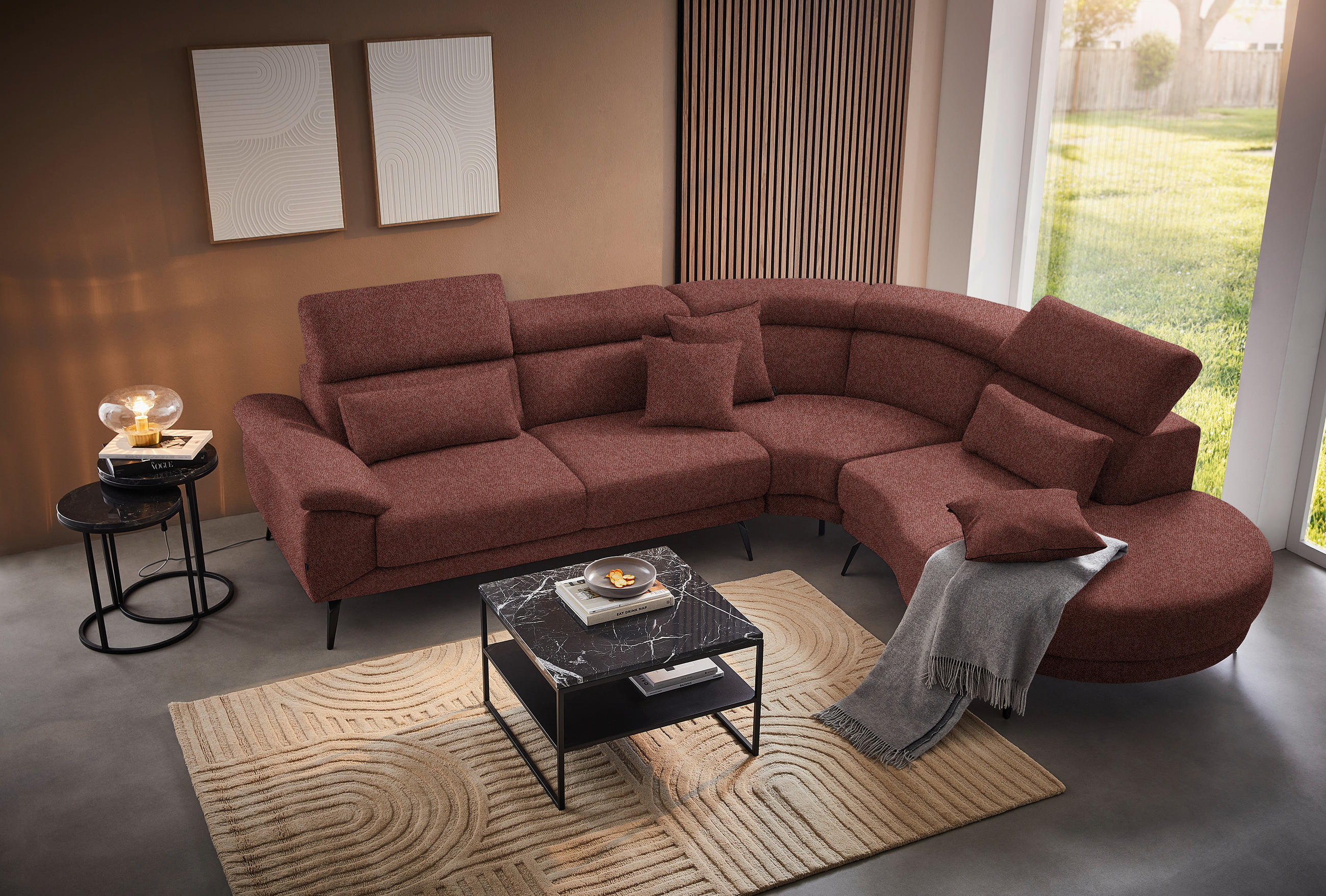 ECKSOFA Weinrot Velours  - Weinrot/Schwarz, Design, Textil/Metall (299/264cm) - Novel
