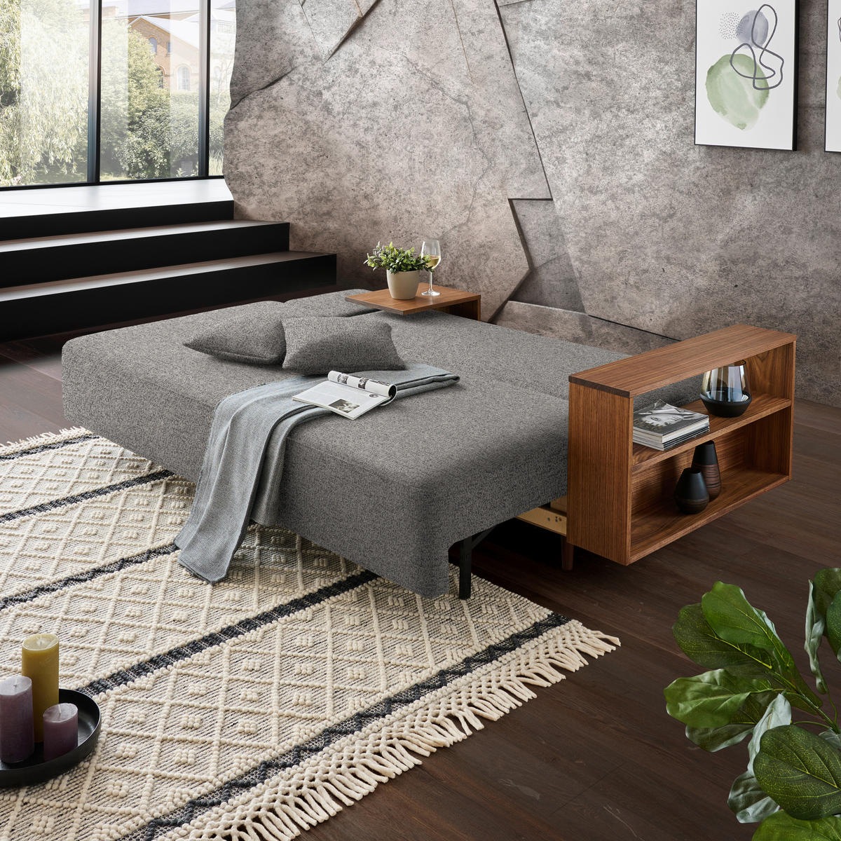 SCHLAFSOFA in Textil Grau  - Nussbaumfarben/Grau, Natur, Holz/Textil (228/90/100cm) - Joka