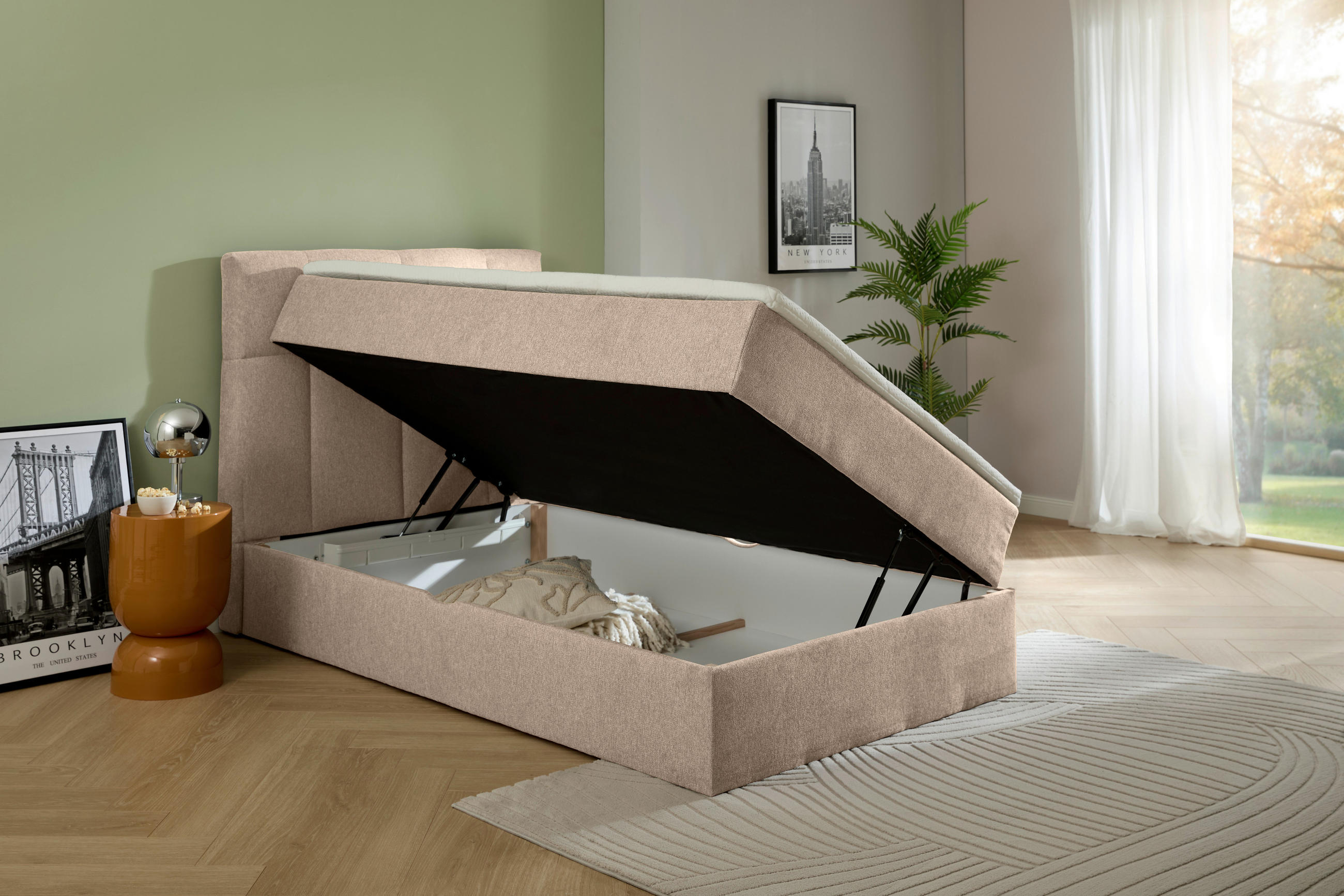 Thumbnail - Boxxx Boxbett, Hellbraun, Textil, H3, Höhe ca. 25 cm, 100x200 cm, Bettkasten, gepolstertes Kopfteil, Topper durchgehend,...