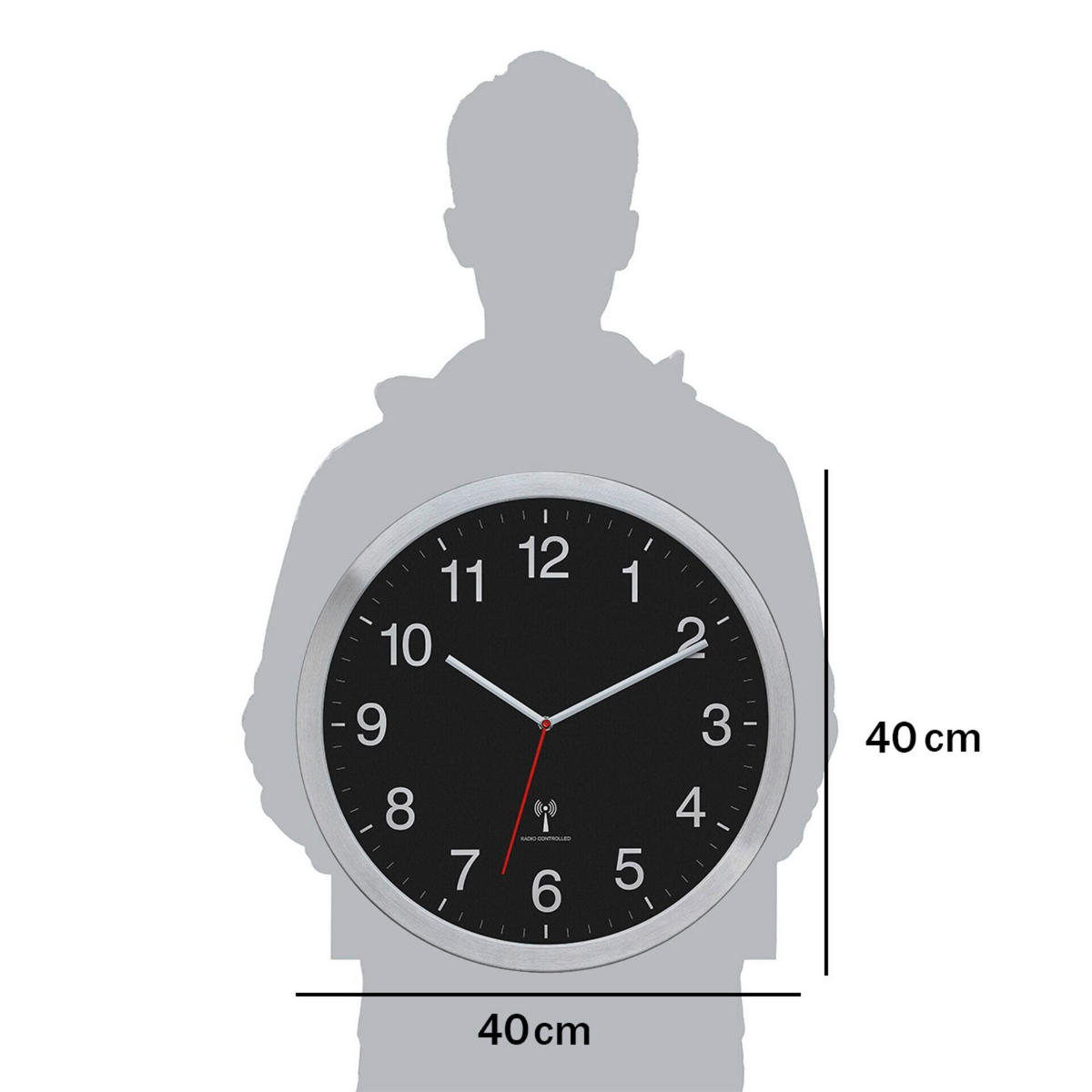 WANDUHR  Schwarz, Silberfarben  - Silberfarben/Schwarz, Basics, Kunststoff/Metall (40/5/40cm)
