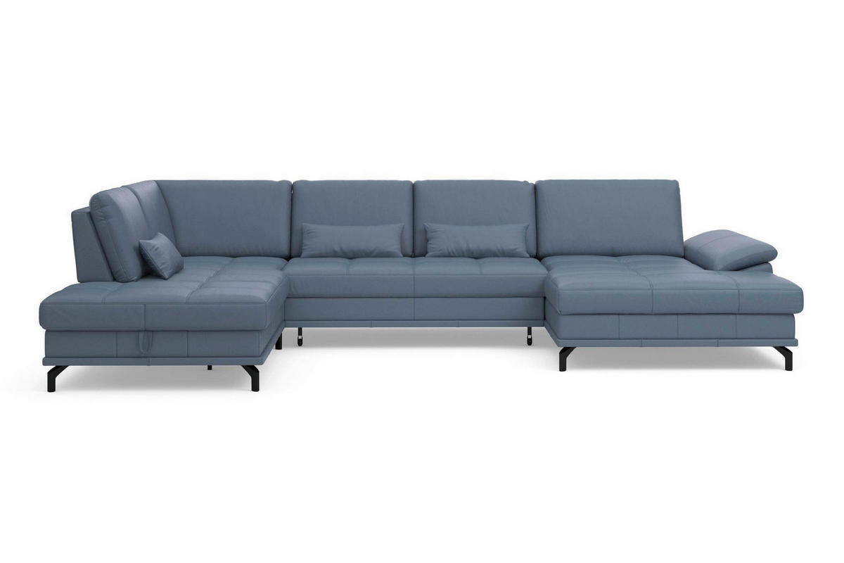WOHNLANDSCHAFT COSTELLO E Graublau Kombination Echtleder/Stoff Mikrofaser  - Graublau/Schwarz, Basics, Leder/Textil (223/363/176cm) - Sit & More