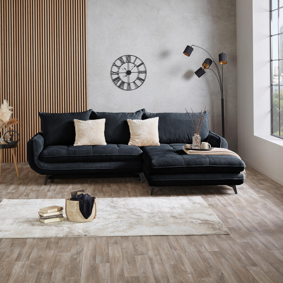 ECKSOFA WAVE Schwarz Struktur  - Beige/Schwarz, MODERN, Textil/Metall (266/189cm) - MID.YOU