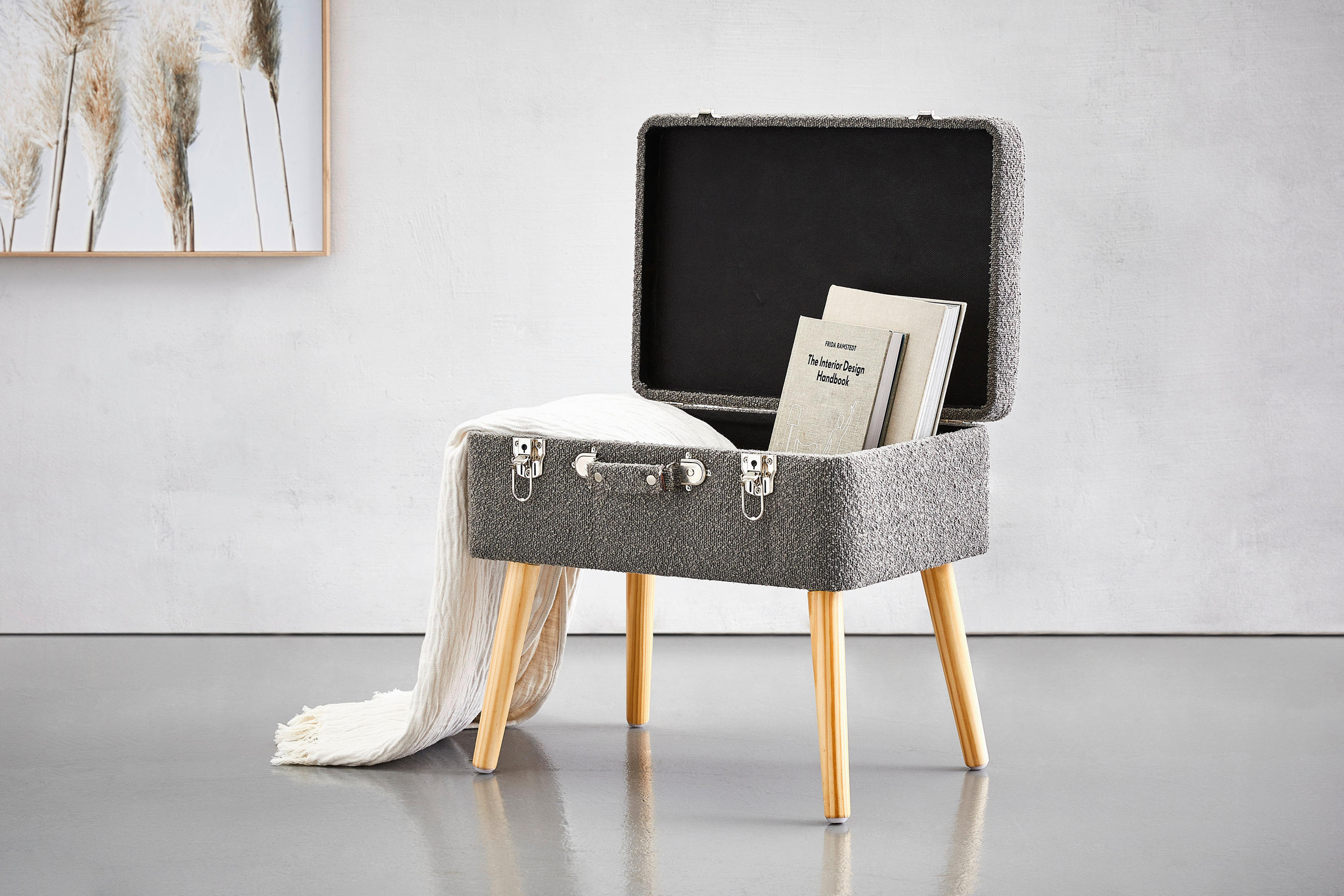 HOCKER Vliesstoff, Bouclé Kiefer Grau, Hellbraun  - Hellbraun/Naturfarben, Trend, Holz/Textil (50/46/35cm) - Xora