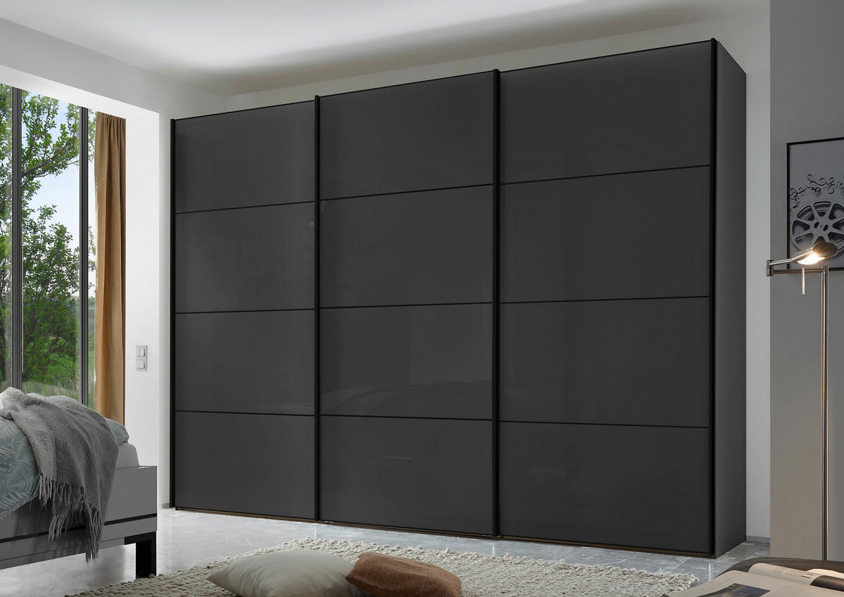 SCHWEBETÜRENSCHRANK 280/222/68 cm 3-türig Anthrazit  - Anthrazit/Graphitfarben, Design, Glas/Holzwerkstoff (280/222/68cm) - Moderano