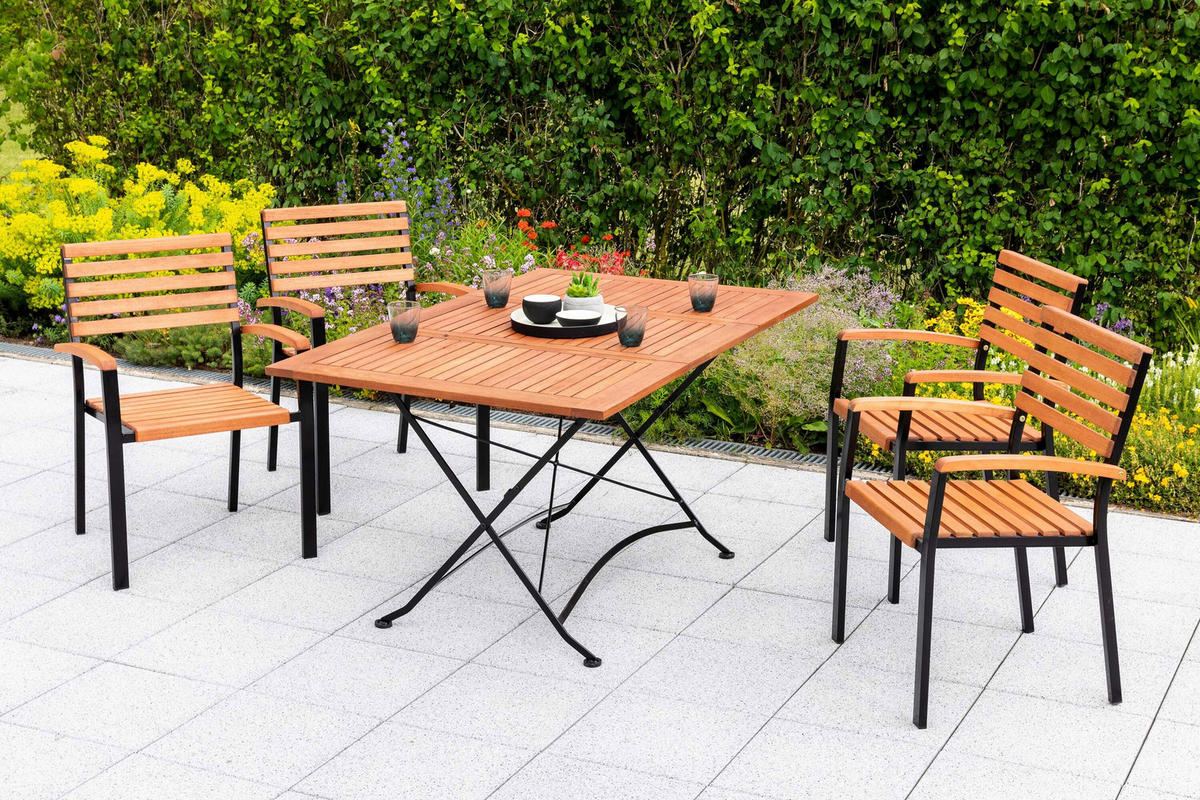 GARTENTISCHGRUPPE EukalyptusholzHartholz Stahl  - Schwarz/Naturfarben, KONVENTIONELL, Holz/Metall - Gardenson