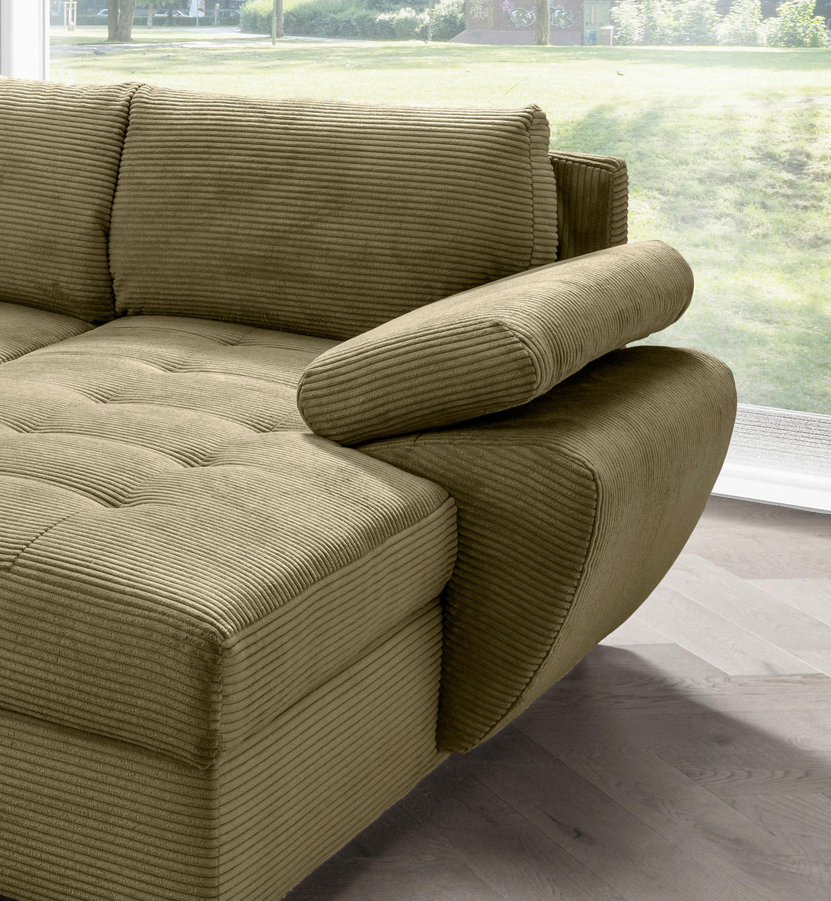 Wohnlandschaft in Cord Olivgrün  - Chromfarben/Olivgrün, KONVENTIONELL, Textil/Metall (219/305/157cm) - Livetastic