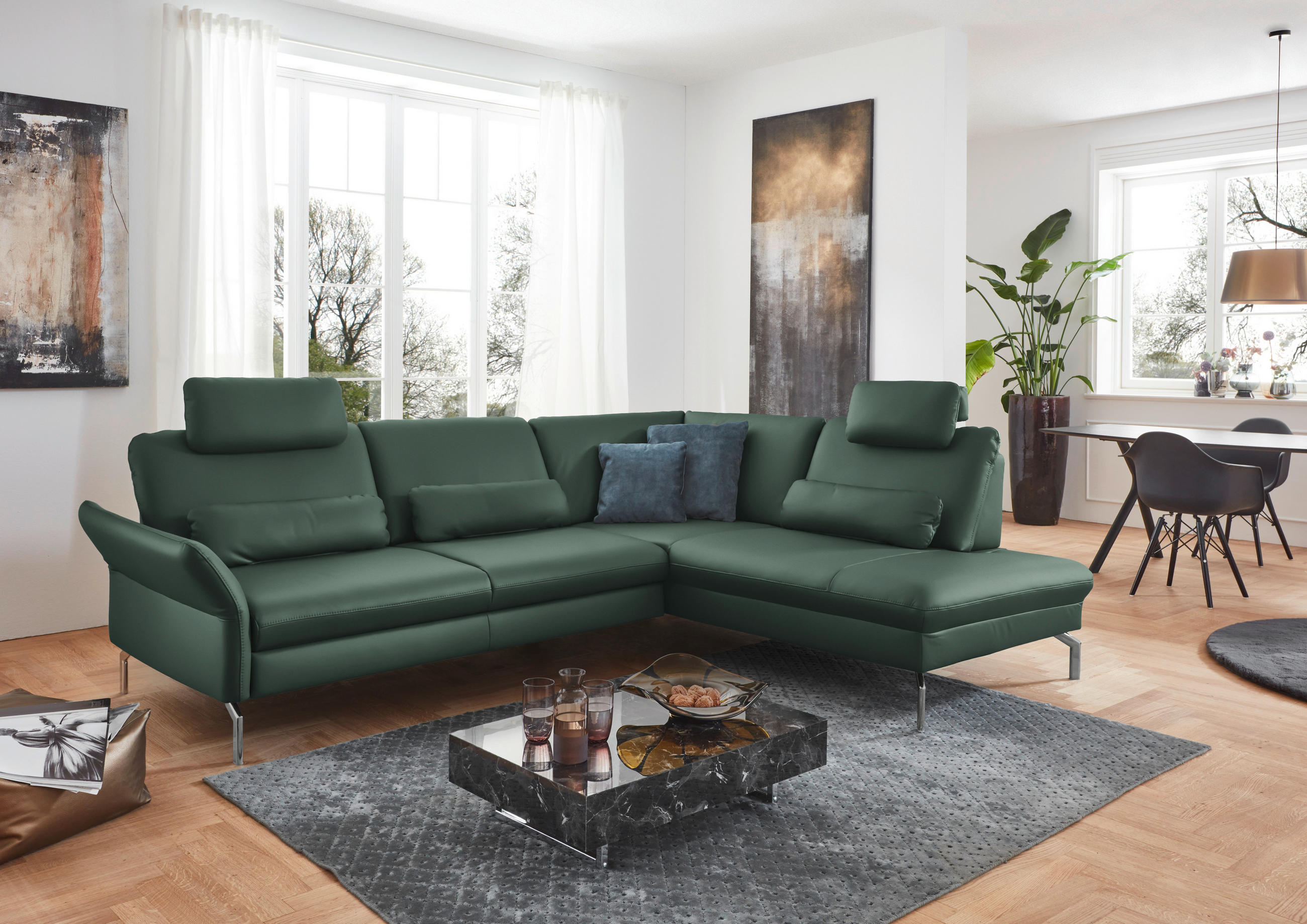 ECKSOFA in Echtleder Opal  284/220 cm  - Opal/Alufarben, KONVENTIONELL, Leder/Metall (284/220cm) - Beldomo Premium