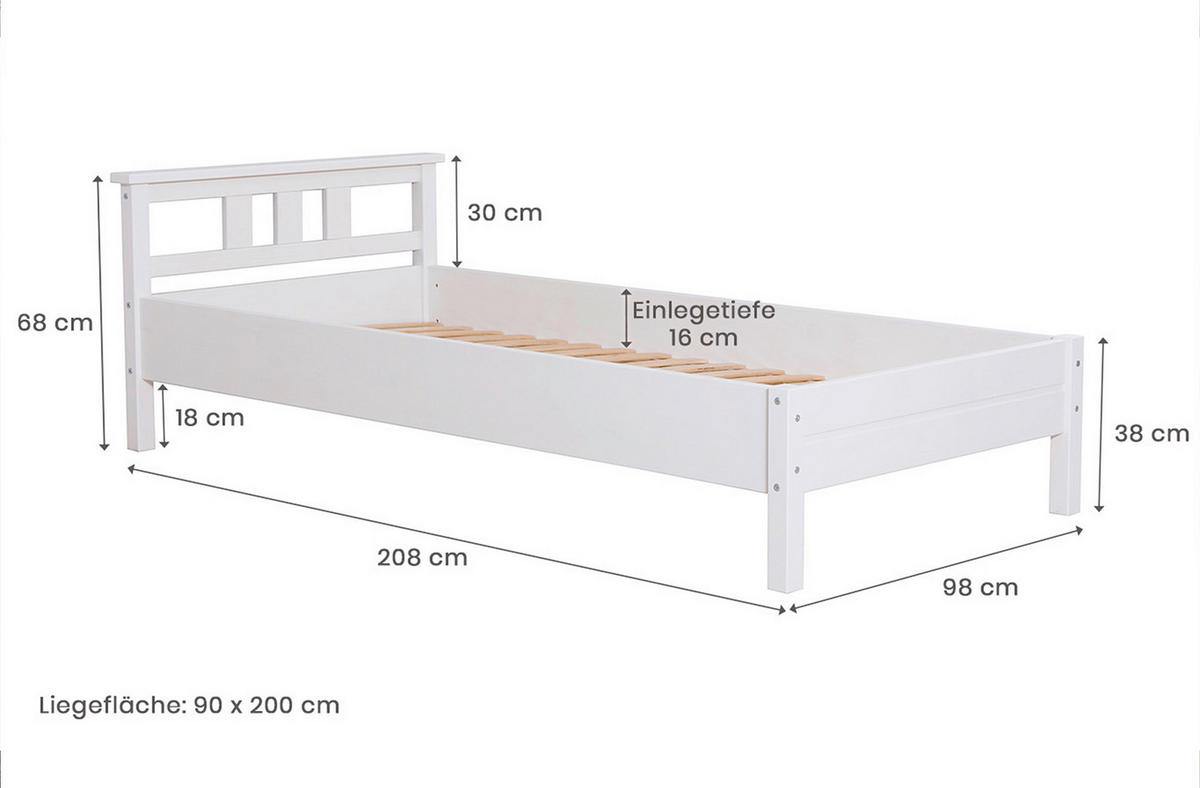 BETT 90/200 cm  in Weiß  - Weiß, KONVENTIONELL, Holz (90/200cm) - MID.YOU