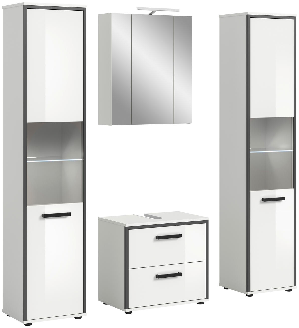 BADEZIMMER 4-teilig  in 140 cm  - Weiß Hochglanz/Schwarz, MODERN, Holzwerkstoff/Kunststoff (140cm) - MID.YOU