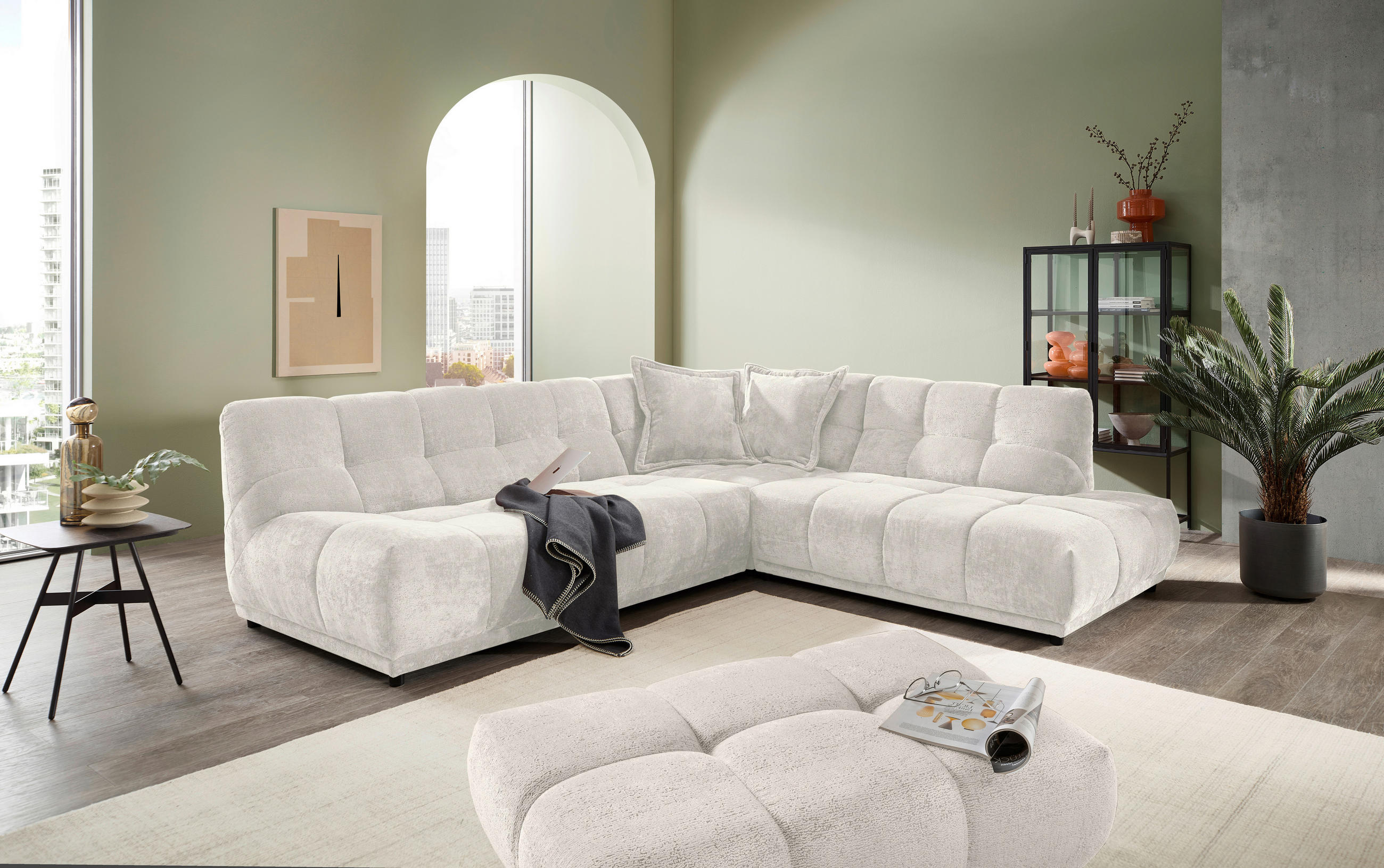 ECKSOFA Chenille Creme  - Creme/Schwarz, Modern, Kunststoff/Textil (284/250cm) - Livetastic