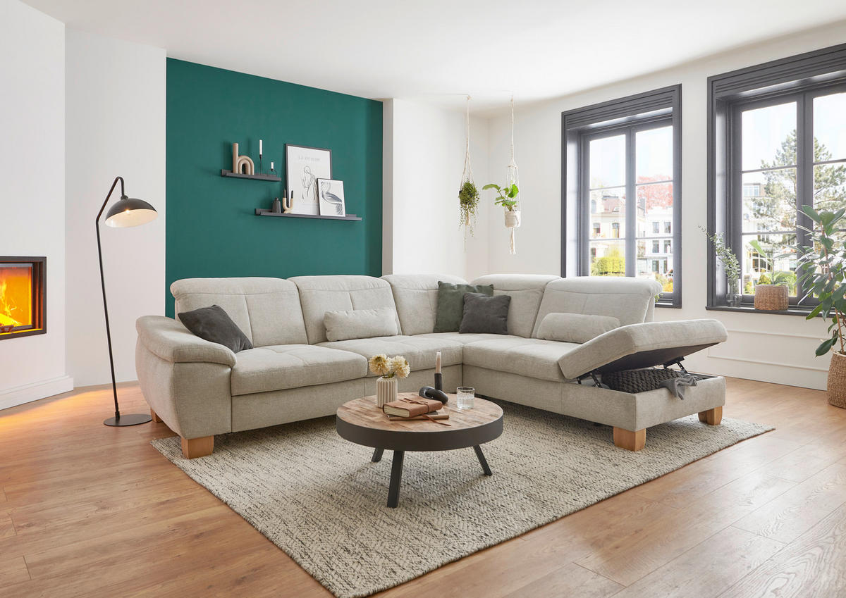 ECKSOFA in Flachgewebe Ecru  - Wildeiche/Ecru, Natur, Holz/Textil (243/301cm) - Voleo