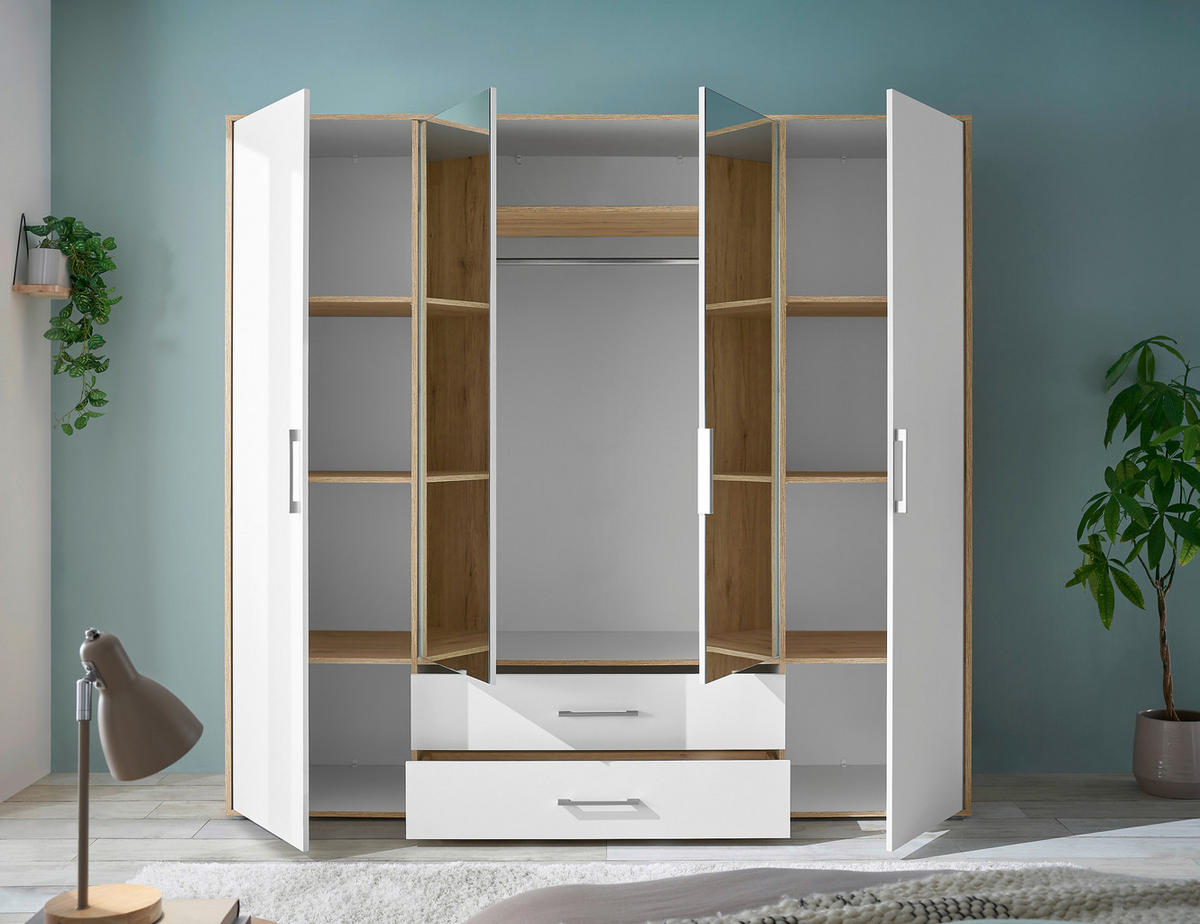 KLEIDERSCHRANK 206/195/60 cm 4-türig Weiß, Eiche Artisan  - Alufarben/Weiß, Basics, Glas/Holzwerkstoff (206/195/60cm)