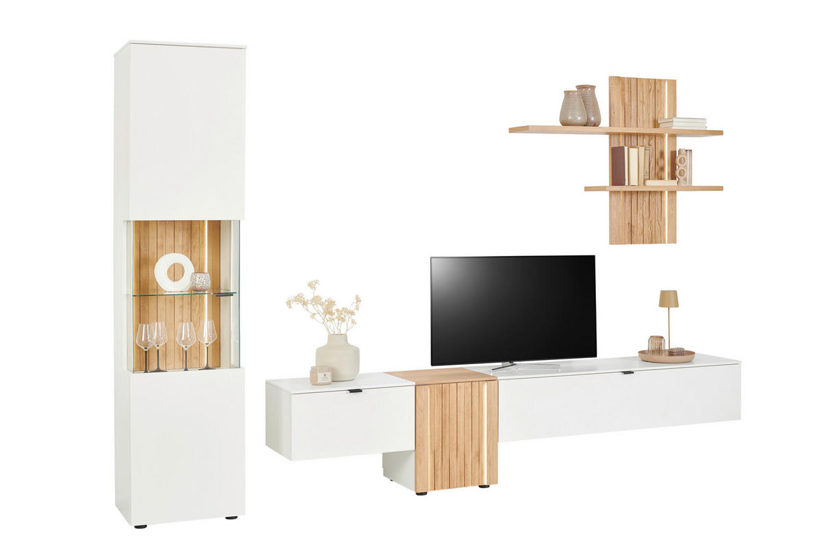 WOHNWAND  in Weiss, Eichefarben 310/203/42 cm  - Weiss/Eichefarben, Design, Glas/Holz (310/203/42cm) - Novel