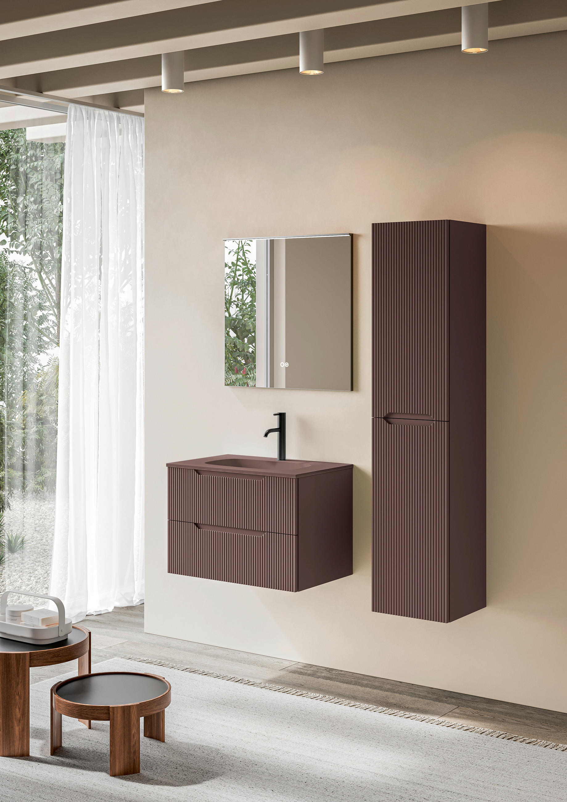 BADEZIMMER 3-teilig  in 80 cm  - Weinrot/Weiß, KONVENTIONELL, Holzwerkstoff/Stein (80cm) - Belluti