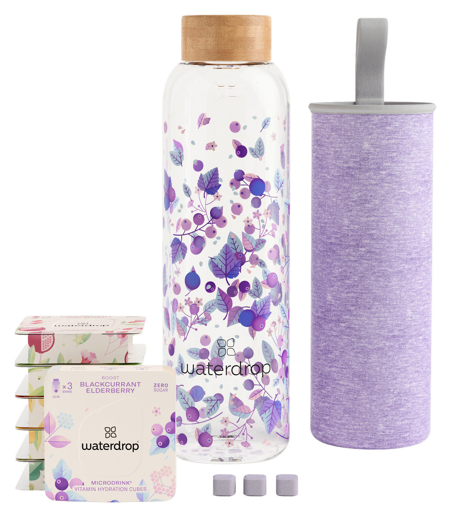 TRINKFLASCHE 0,6 l 18 Microdrinks & 600ml  Trinkflasche aus Boros  - Klar/Lila, Trend, Glas/Holz (600ml) - waterdrop