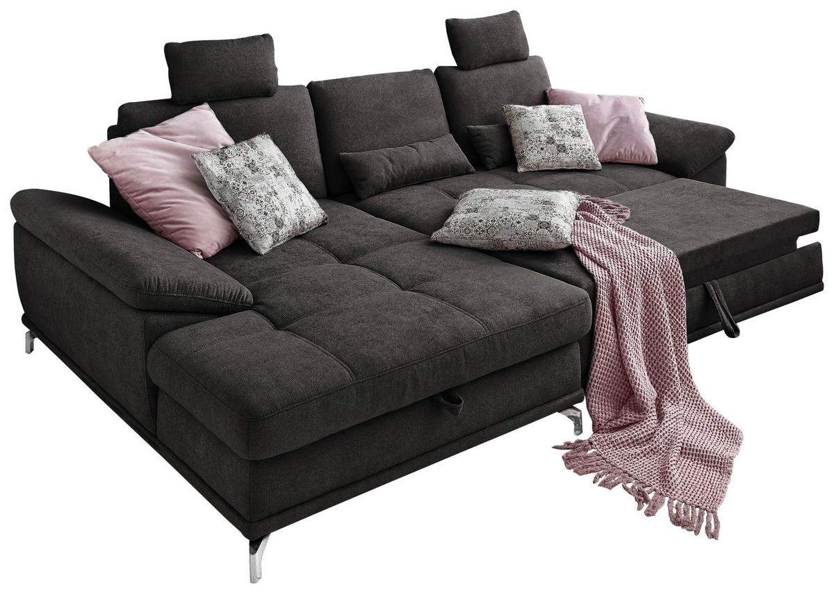 ECKSOFA  in Flachgewebe Schwarz  - Silberfarben/Schwarz, KONVENTIONELL, Textil/Metall (176/301cm) - Sit & More