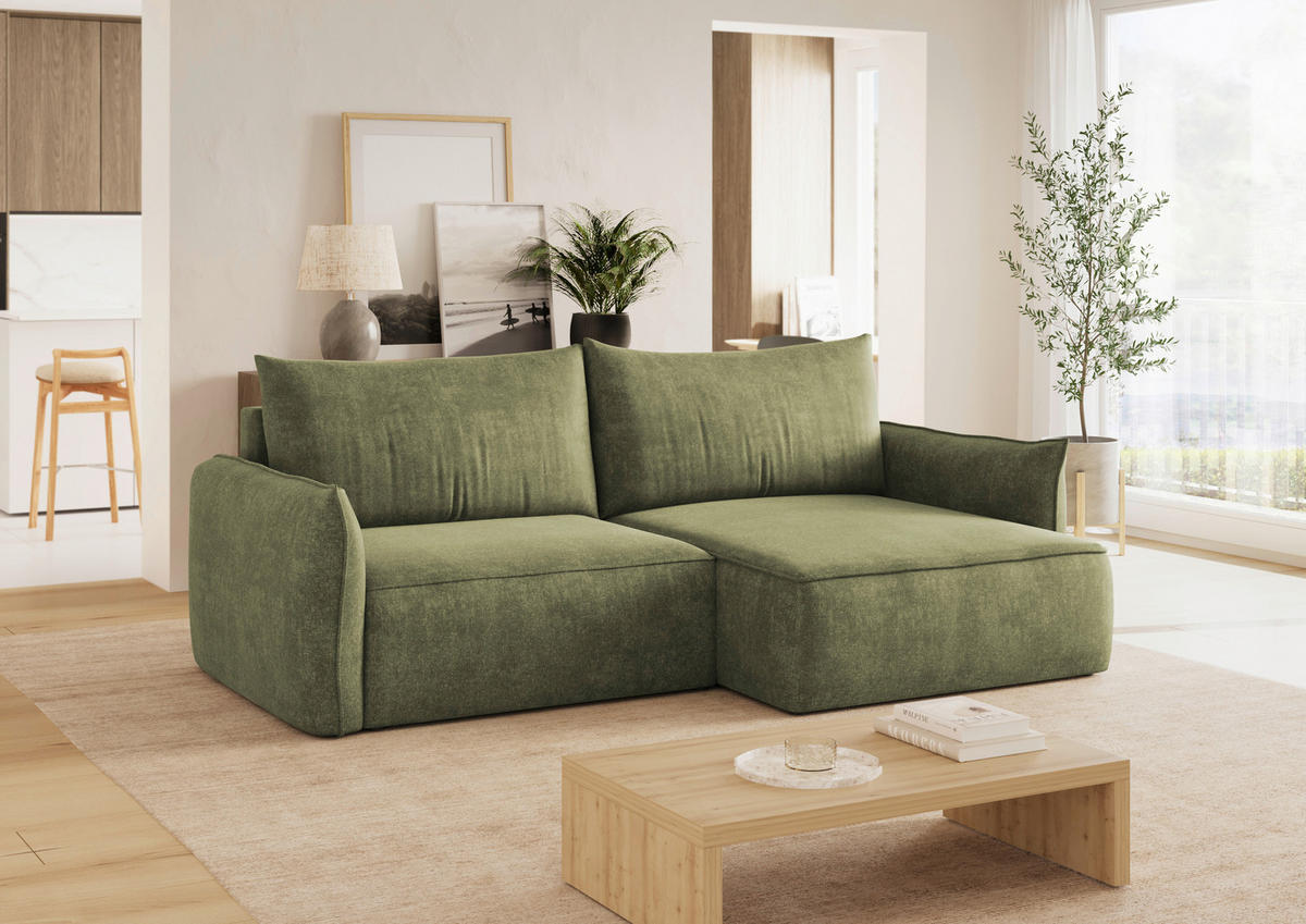 ECKSOFA Dunkelgrün Struktur Rückenkissen, Bettkasten, Schlaffunktion, Rücken echt, Liegefläche im Originalstoff  - Dunkelgrün/Schwarz, KONVENTIONELL, Kunststoff/Textil (266/148cm) - Milino