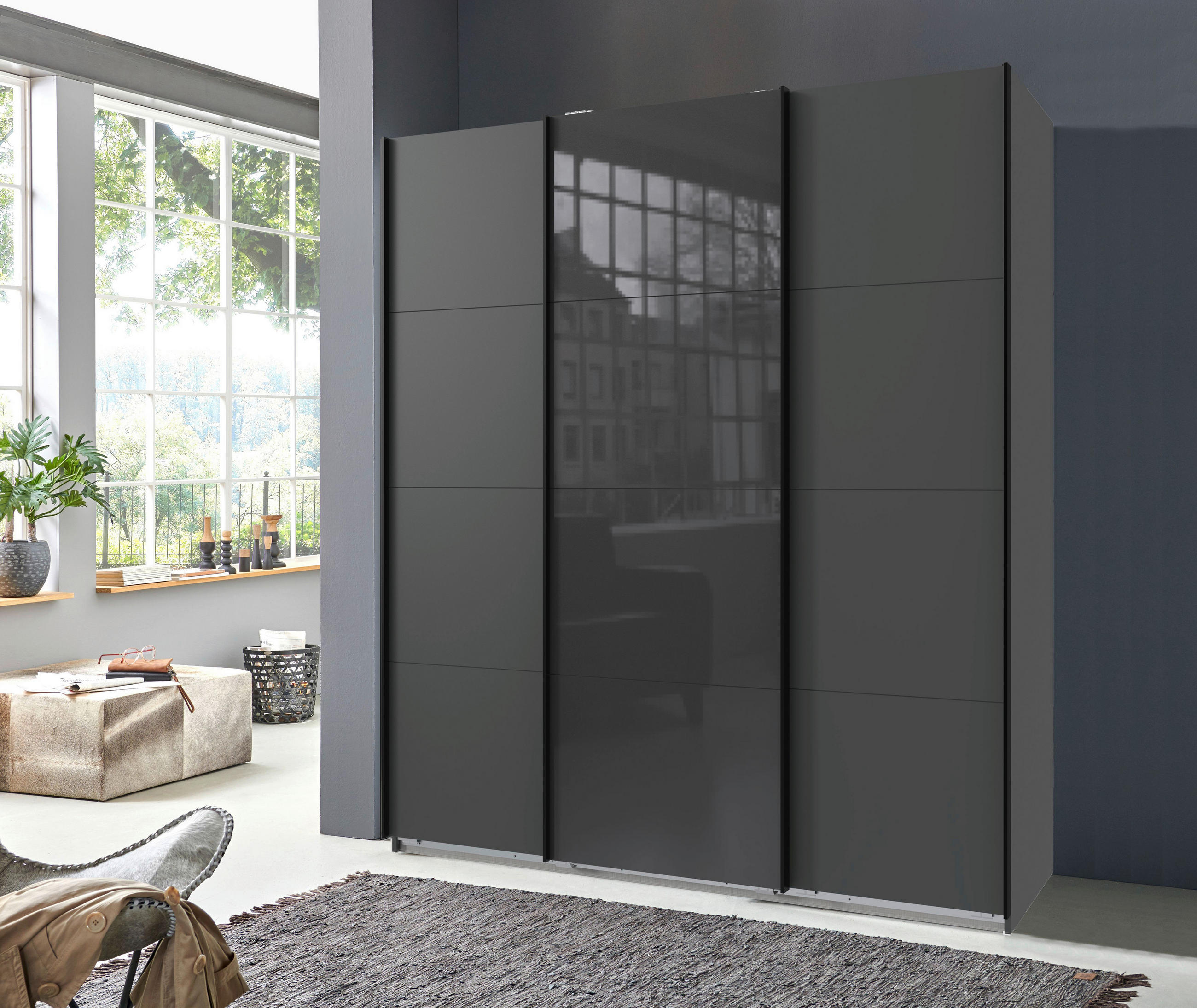 SCHWEBETÜRENSCHRANK  in Graphitfarben, Grau  - Schwarz/Graphitfarben, KONVENTIONELL, Glas/Holzwerkstoff (180/208/64cm) - Carryhome