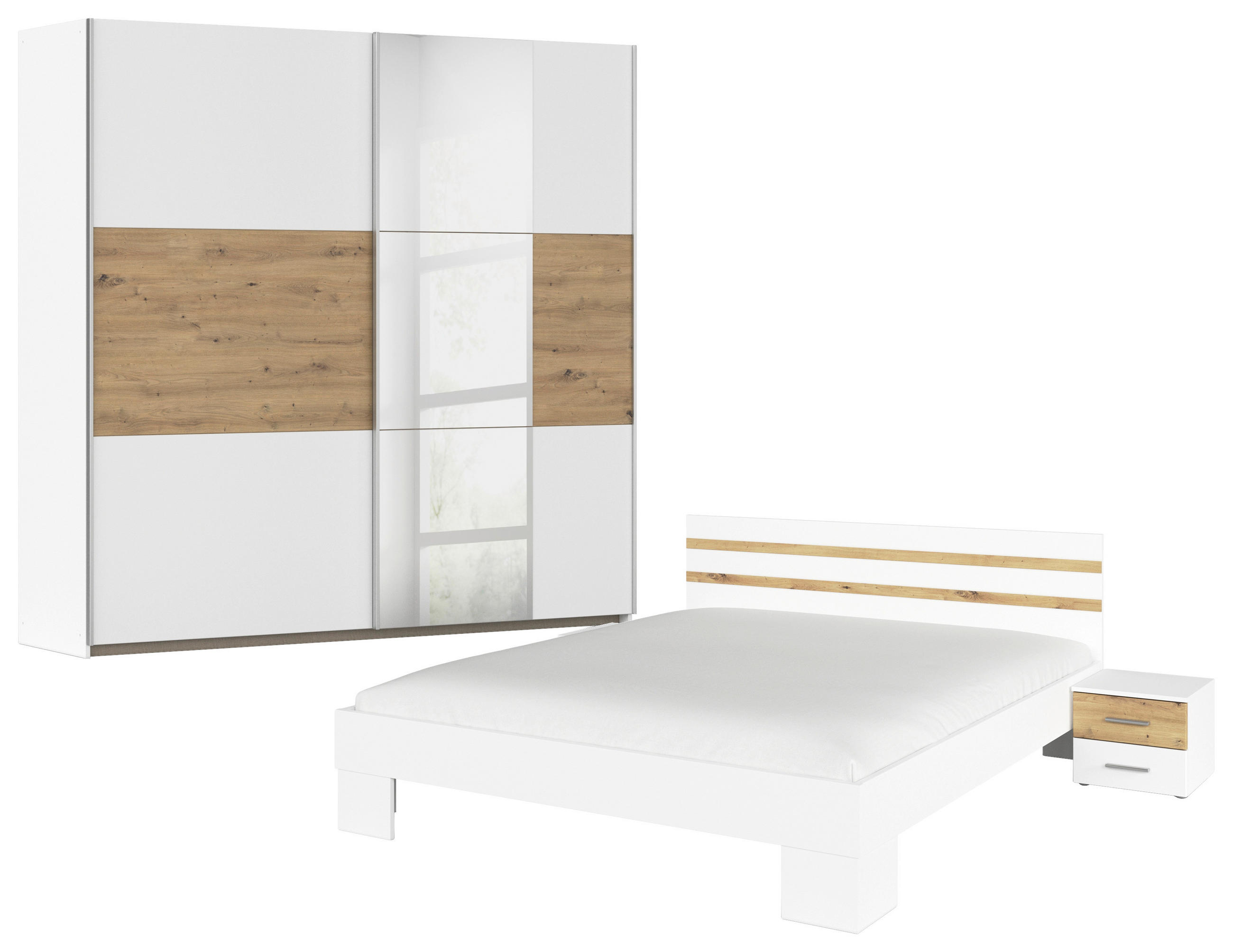 Schwebetürenschrank Mit Spiegel 261cm, Weiß/Eiche