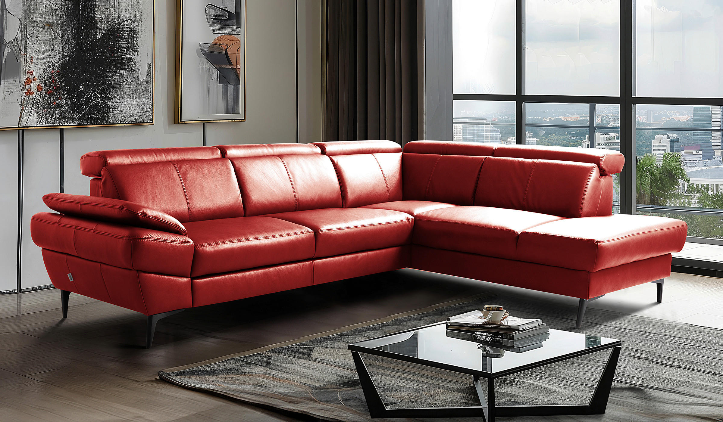 ECKSOFA  in Lederlook Echtleder Rot  - Rot/Schwarz, Design, Leder/Textil (264/211cm) - Livetastic