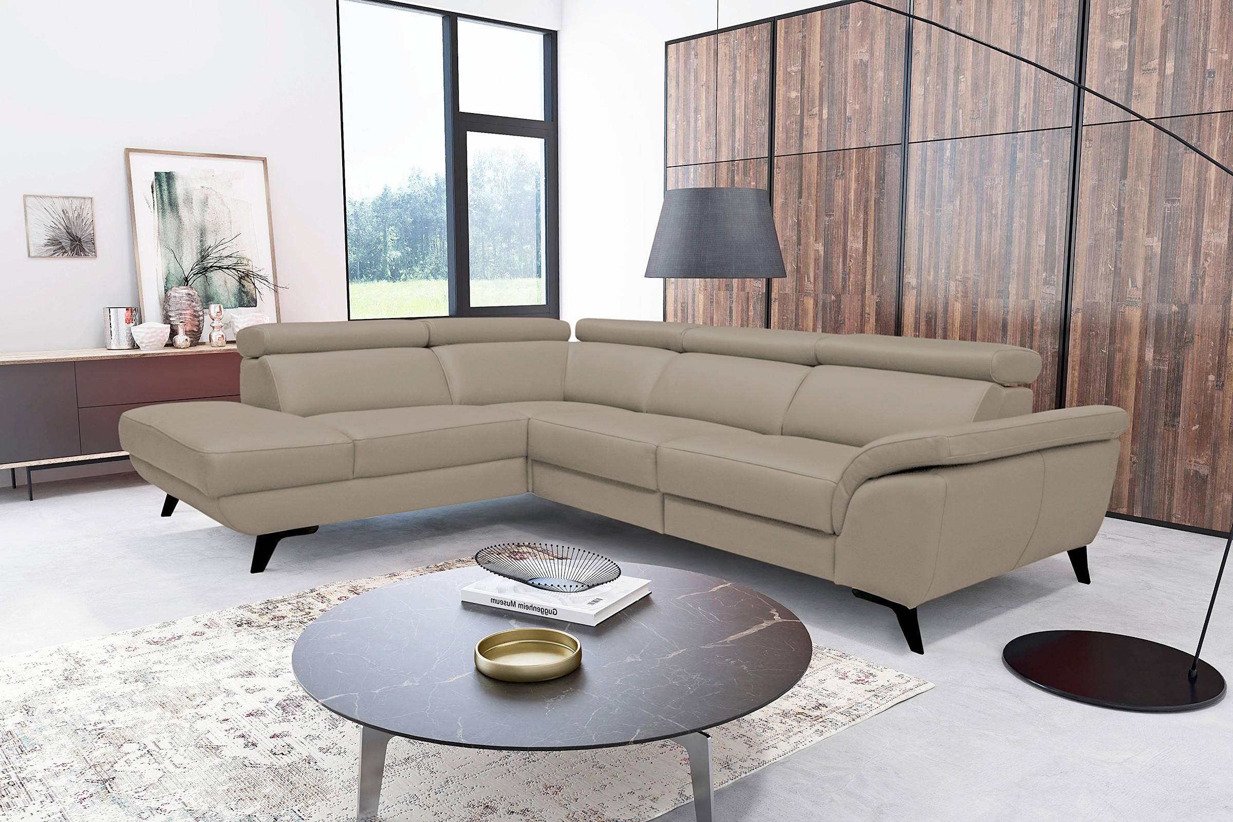 ECKSOFA DALLAS in Echtleder Taupe  228/283 cm  - Taupe/Schwarz, Design, Leder/Metall (228/283cm) - Livetastic