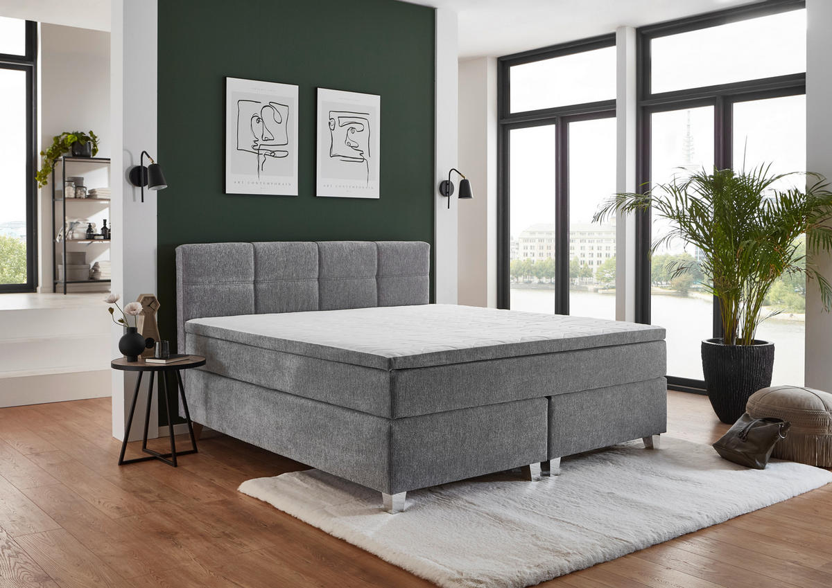 BOXSPRINGBETT 200/200 cm,  in Grau, Topper, Matratzen, H3 = fest  - Chromfarben/Grau, KONVENTIONELL, Kunststoff/Textil (200/200cm) - Boxxx