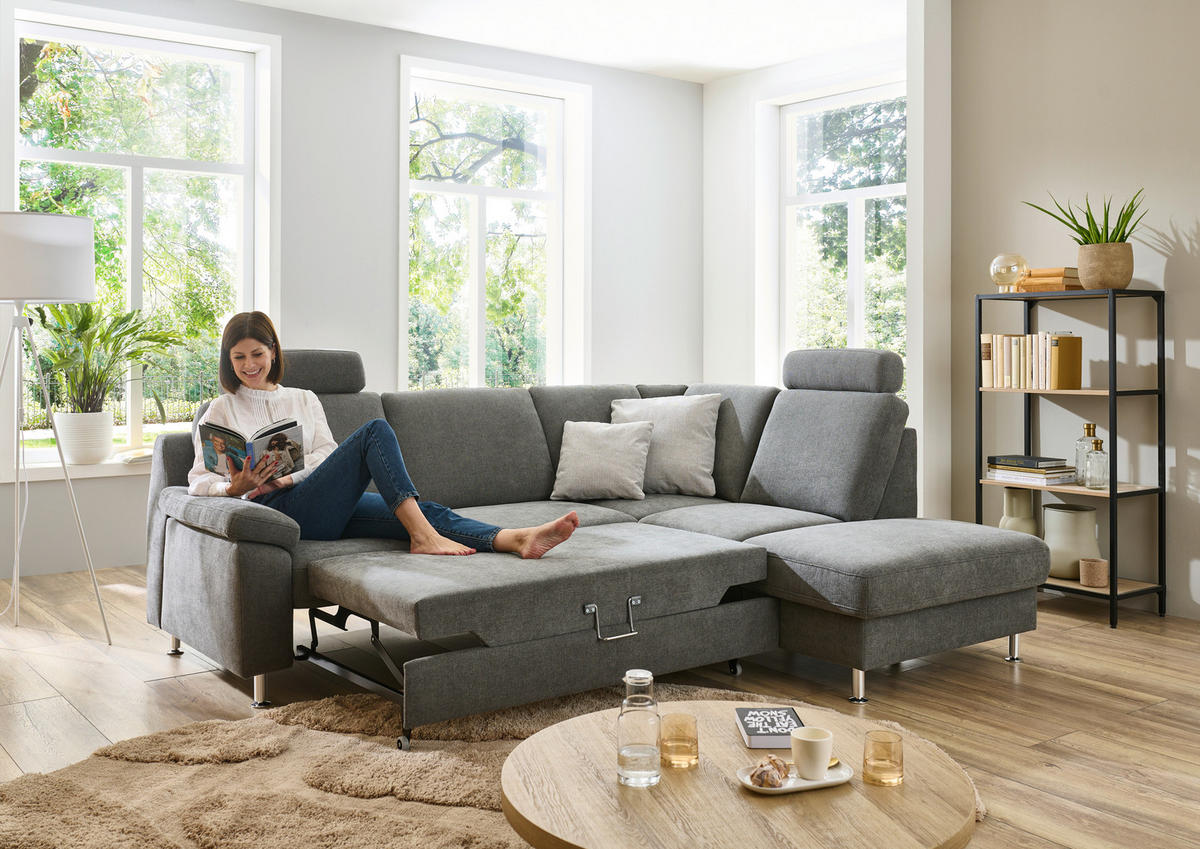 ECKSOFA in Webstoff Dunkelgrau  - Dunkelgrau/Alufarben, Konventionell, Textil/Metall (241/200cm) - Beldomo System