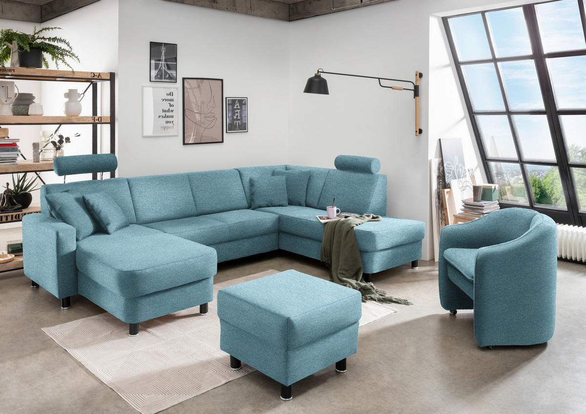 WOHNLANDSCHAFT  in Webstoff Hellblau  - Schwarz/Hellblau, Design, Holz/Textil (165/296/198cm) - Xora