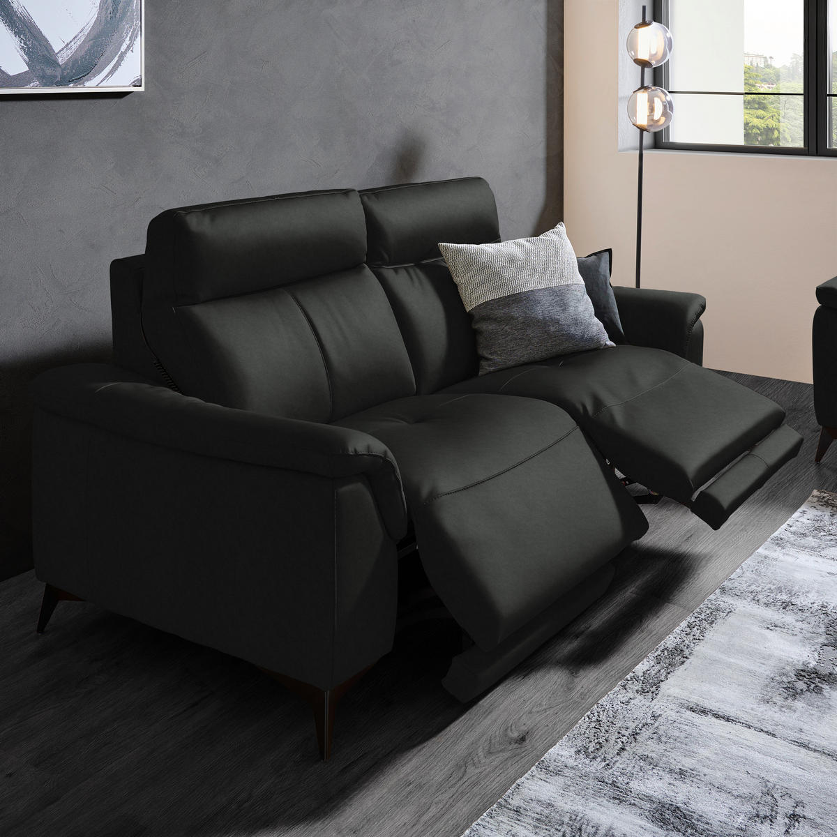 3-SITZER-SOFA Echtleder Schwarz  - Schwarz, Design, Leder/Metall (207/107/98cm) - Belluti