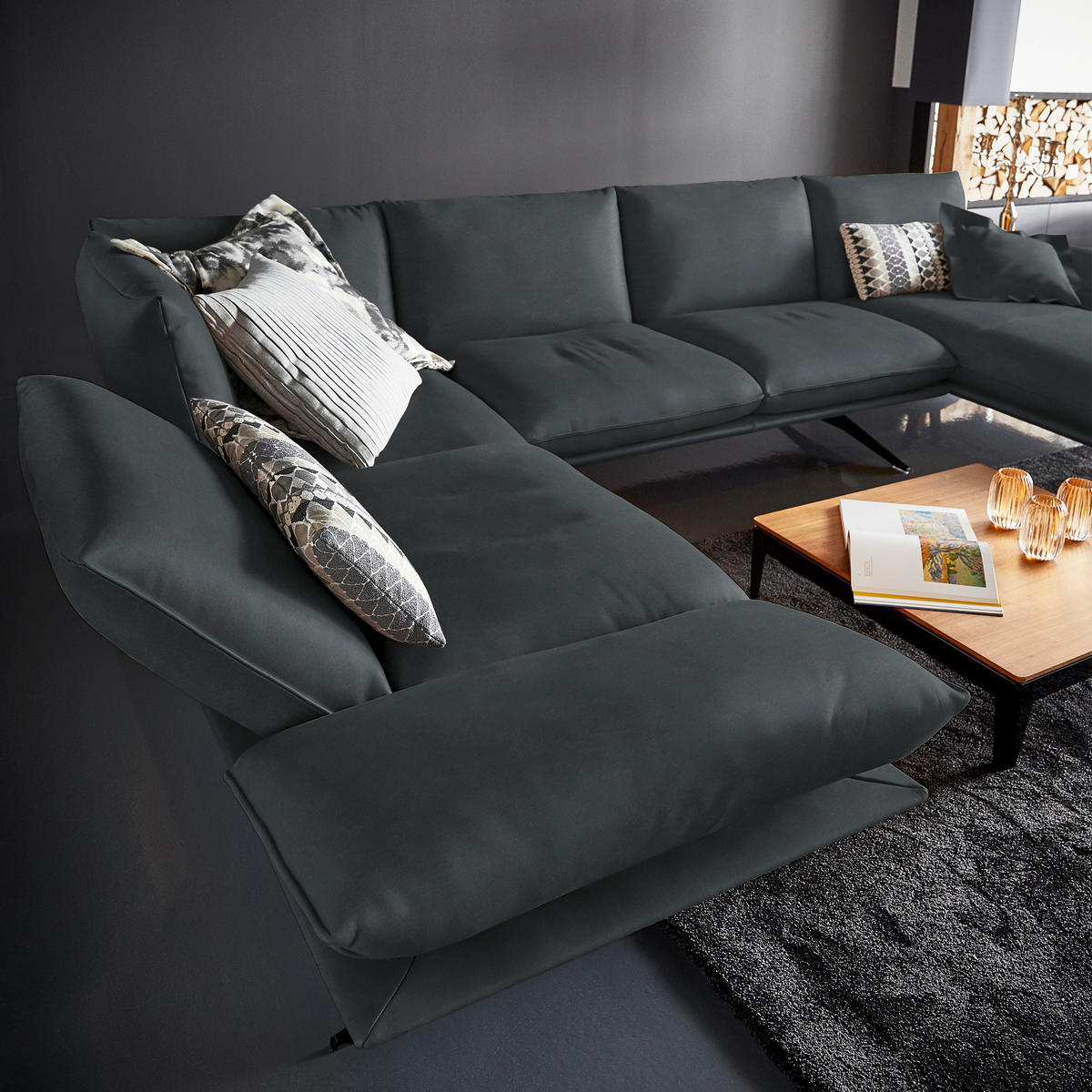 WOHNLANDSCHAFT in Echtleder Grau  - Schwarz/Grau, Natur, Leder/Metall (217/359/155cm) - Dieter Knoll