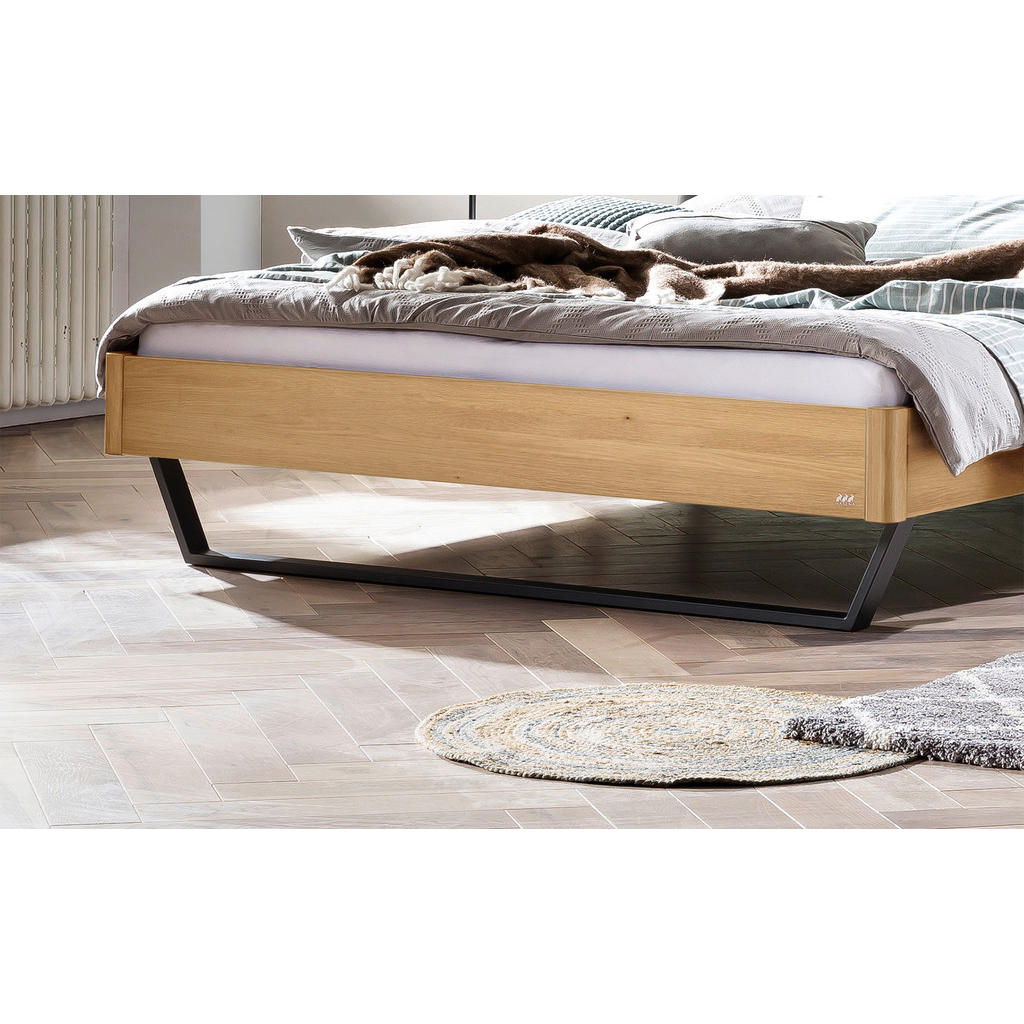 Thumbnail - Hasena Bett, Anthrazit, Eiche, Dunkelgrau, Holz, Textil, Eiche, massiv, Höhe ca. 22 cm, 140x200 cm, gepolstertes Kopftei...