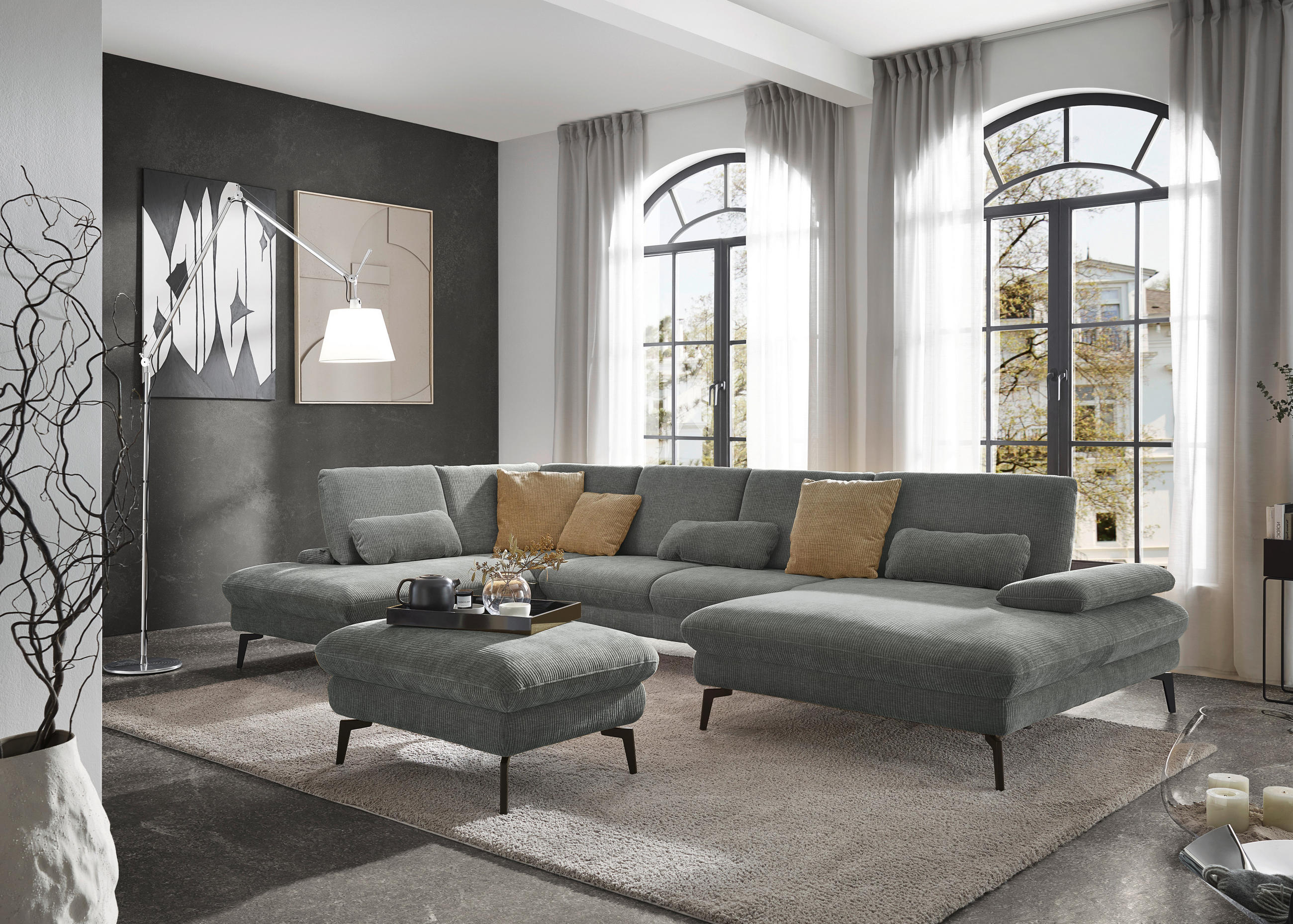 WOHNLANDSCHAFT in Webstoff Hellgrau  - Hellgrau/Schwarz, Design, Textil/Metall (208/354/157cm) - Dieter Knoll