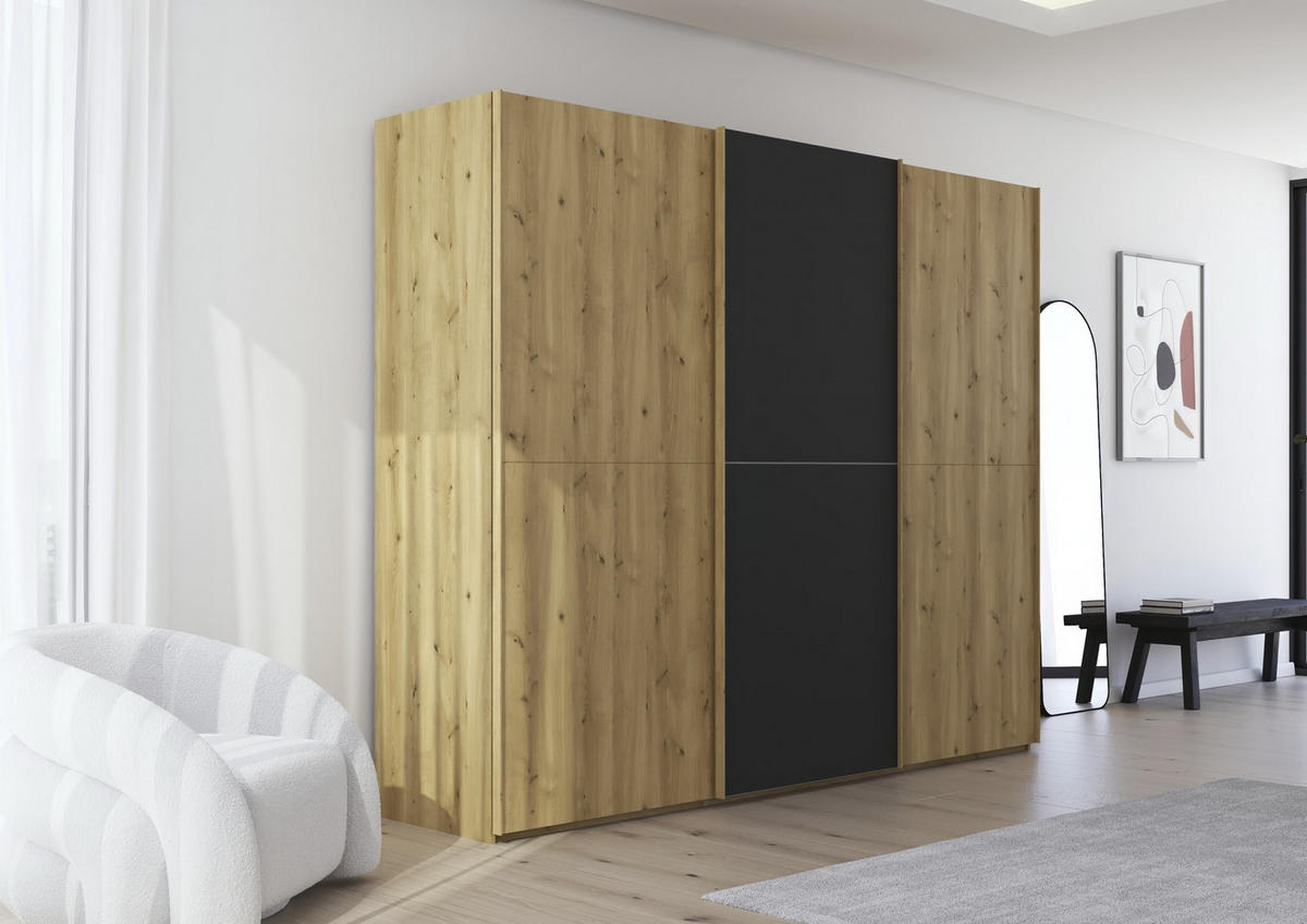 SCHWEBETÜRENSCHRANK 270/223/68 cm 3-türig Schwarz, Eichefarben  - Eichefarben/Schwarz, Design, Glas/Holz (270/223/68cm) - Novel