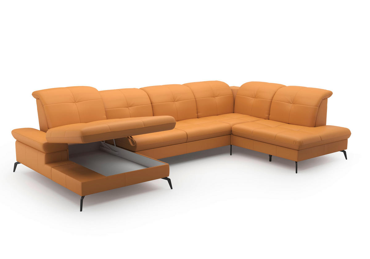 WOHNLANDSCHAFT in Vliesstoff Kombination Echtleder/Stoff Currygelb  - Currygelb/Schwarz, Konventionell, Leder/Textil (185/357/231cm) - Sit & More
