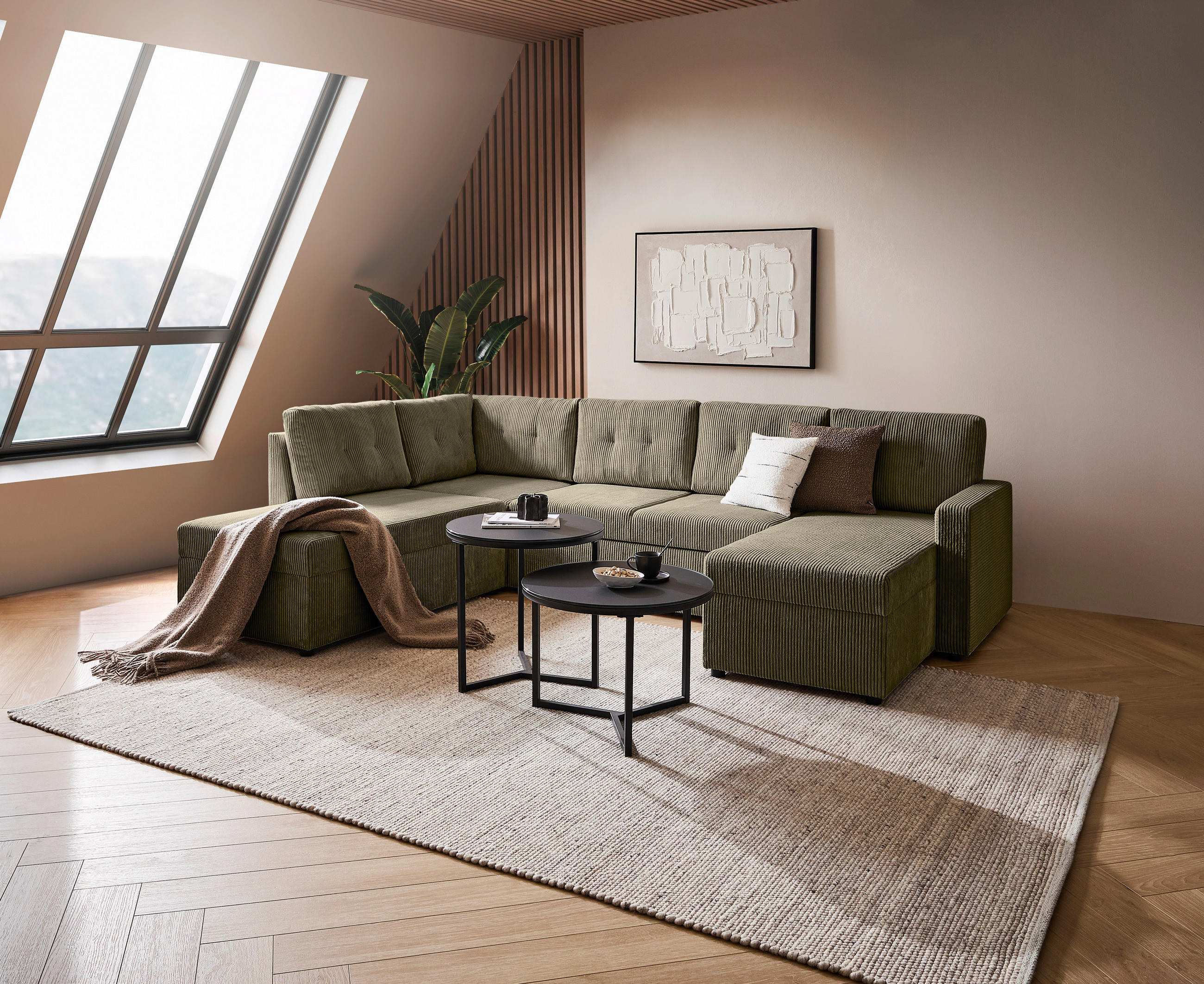 WOHNLANDSCHAFT in Cord Grün  - Schwarz/Grün, Konventionell, Kunststoff/Textil (155/293/126cm) - Ti'me