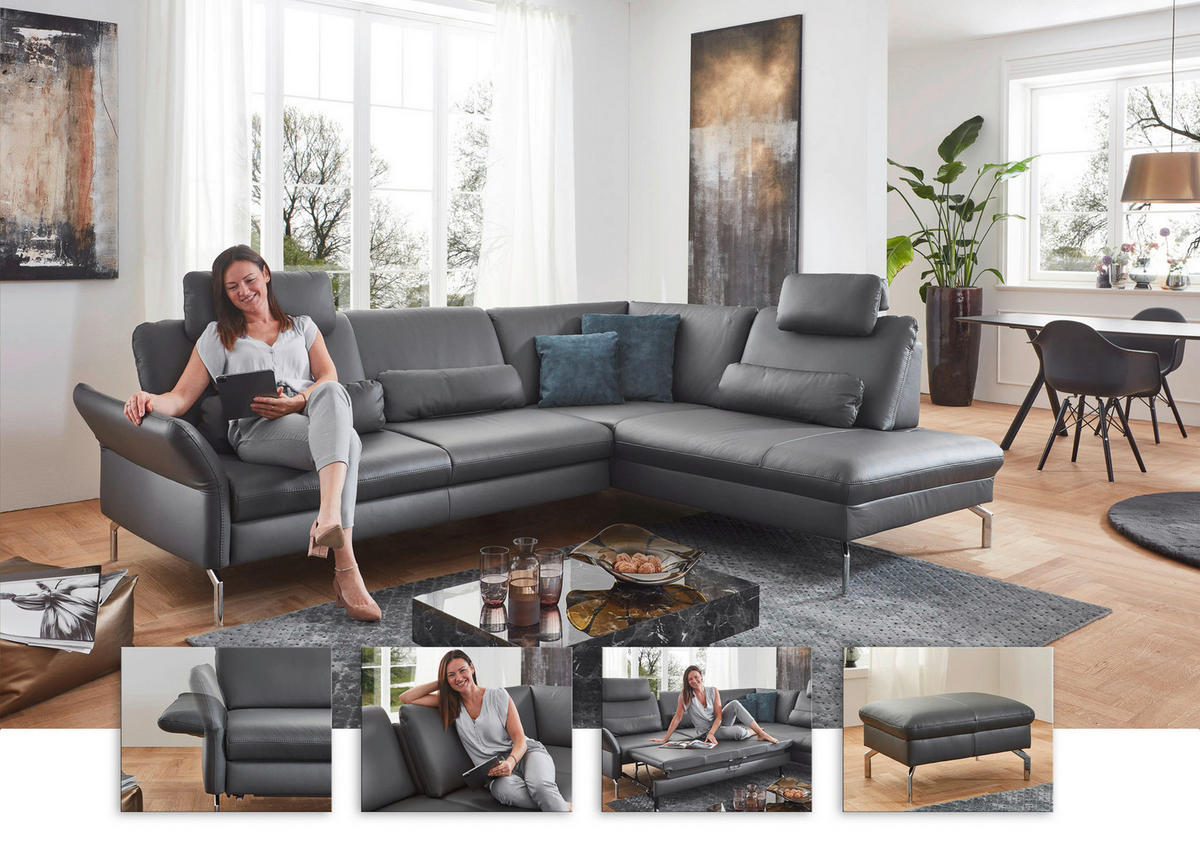 ECKSOFA in Echtleder Anthrazit  220/284 cm  - Anthrazit/Alufarben, KONVENTIONELL, Leder/Metall (220/284cm) - Beldomo Premium