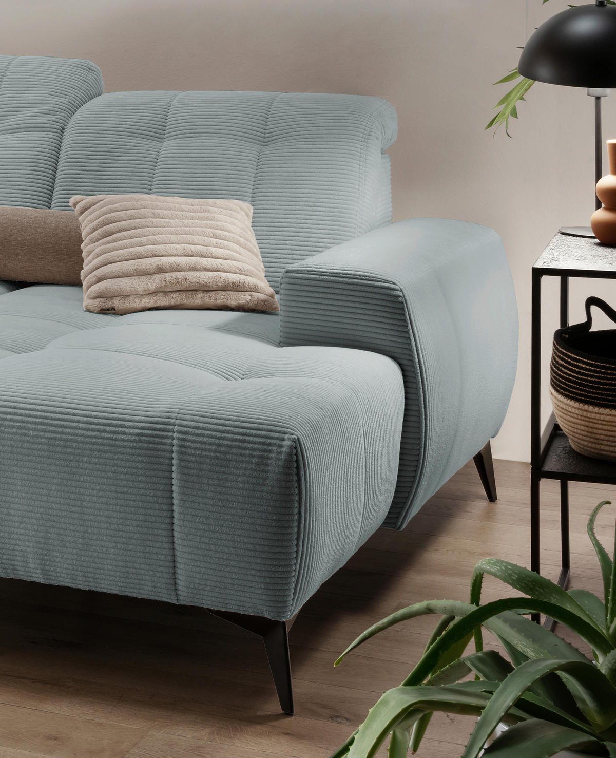 WOHNLANDSCHAFT SANO Hellblau Cord  - Schwarz/Hellblau, MODERN, Textil/Metall (200/337/180cm) - Livetastic